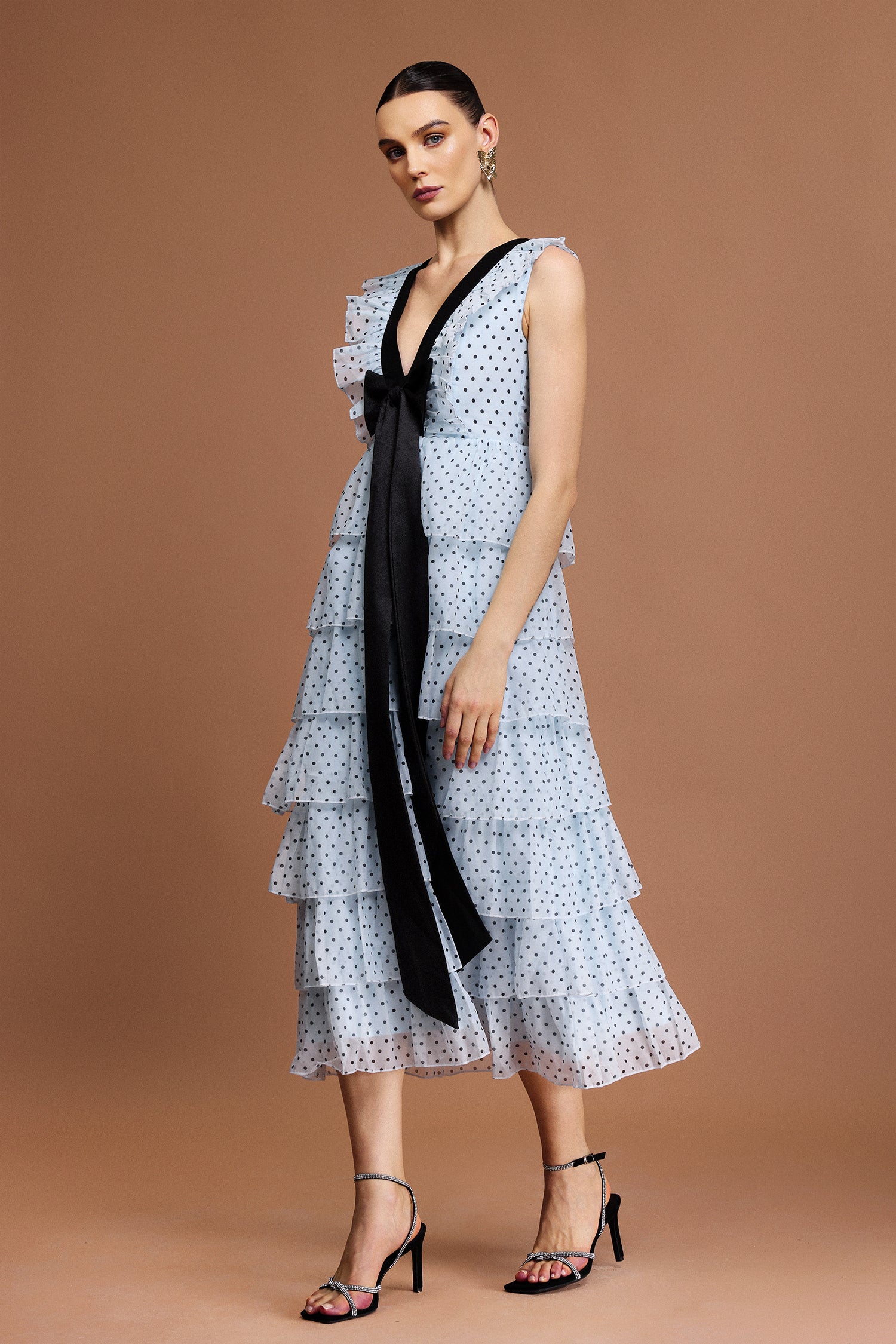 V-NECK SLEEVELESS BOWKNOT MIDI DRESS, DOT PRINT
