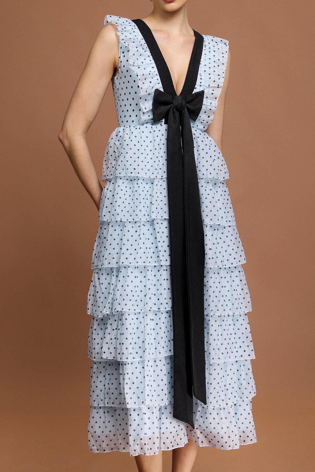 V-NECK SLEEVELESS BOWKNOT MIDI DRESS, DOT PRINT