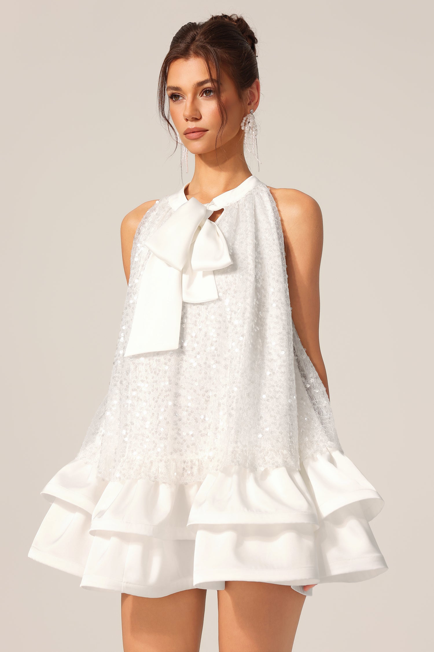 GEMMA SEQUIN SLEEVELESS BOWKNOT MINI WHITE DRESS