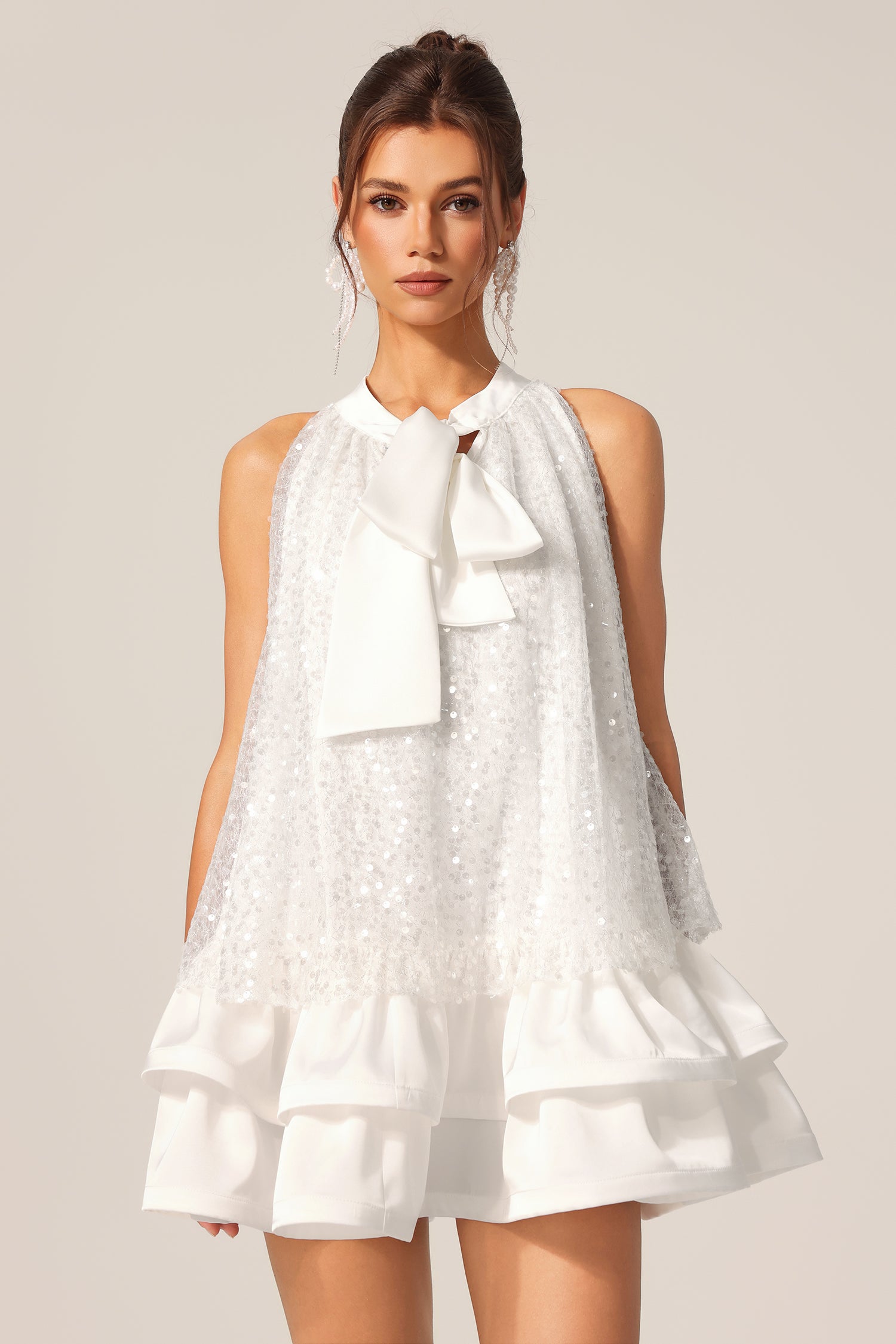 GEMMA SEQUIN SLEEVELESS BOWKNOT MINI WHITE DRESS