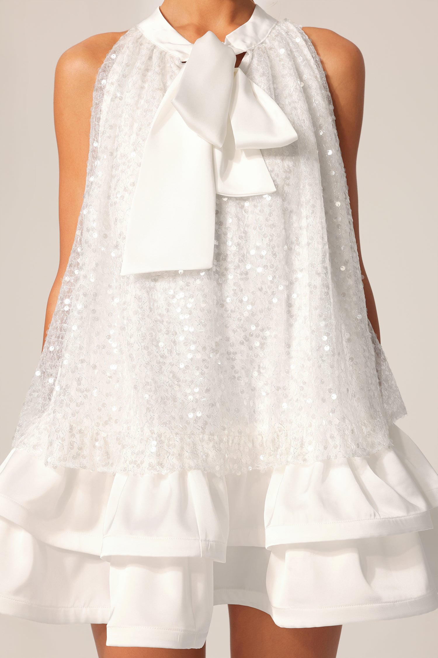 GEMMA SEQUIN SLEEVELESS BOWKNOT MINI WHITE DRESS