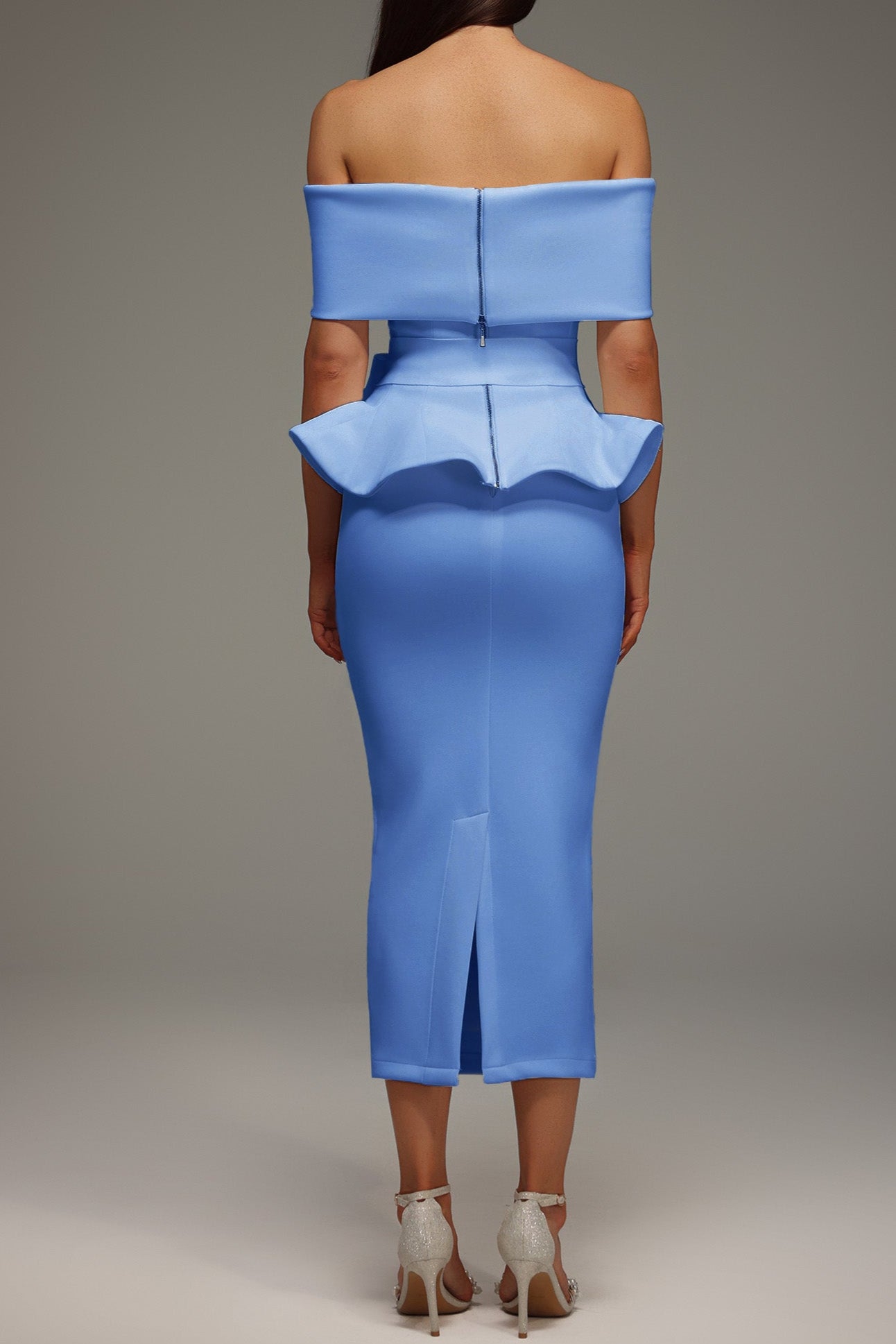 ELEANORE OFF-SHOULDER RUFFLED BLUE MIDI DRESS