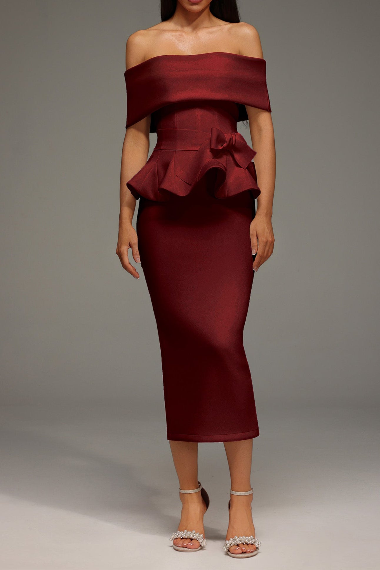 ELEANORE OFF-SHOULDER RUFFLED RED MIDI DRESS