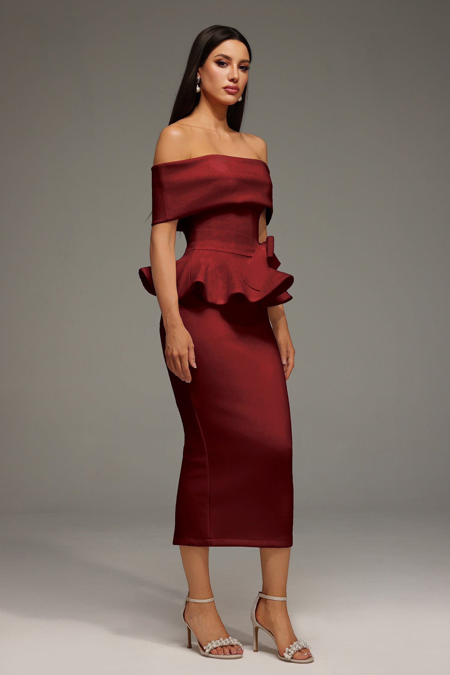 ELEANORE OFF-SHOULDER RUFFLED RED MIDI DRESS