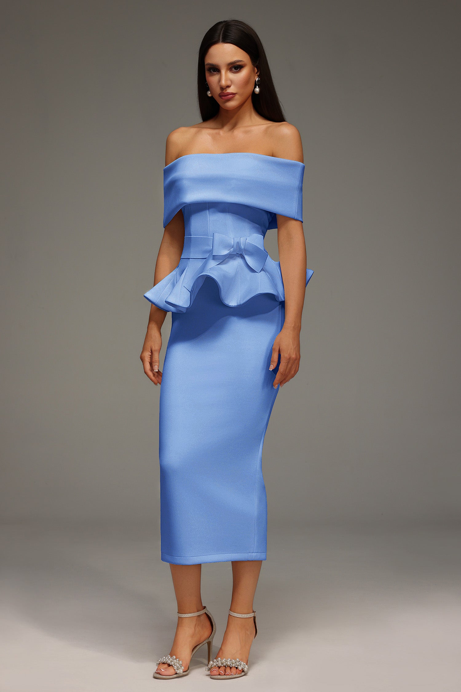 ELEANORE OFF-SHOULDER RUFFLED BLUE MIDI DRESS