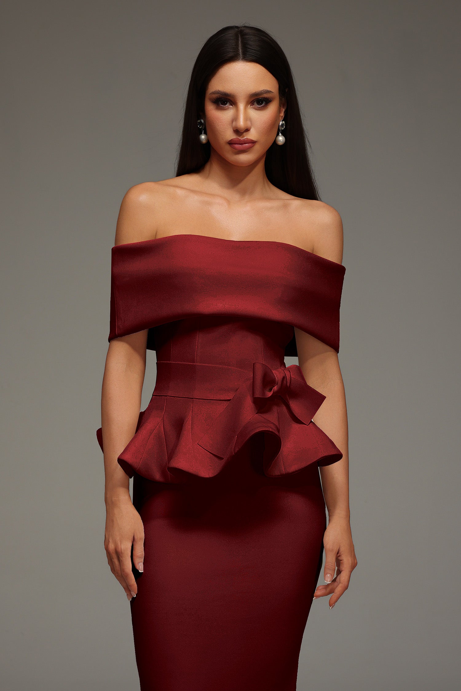 ELEANORE OFF-SHOULDER RUFFLED RED MIDI DRESS