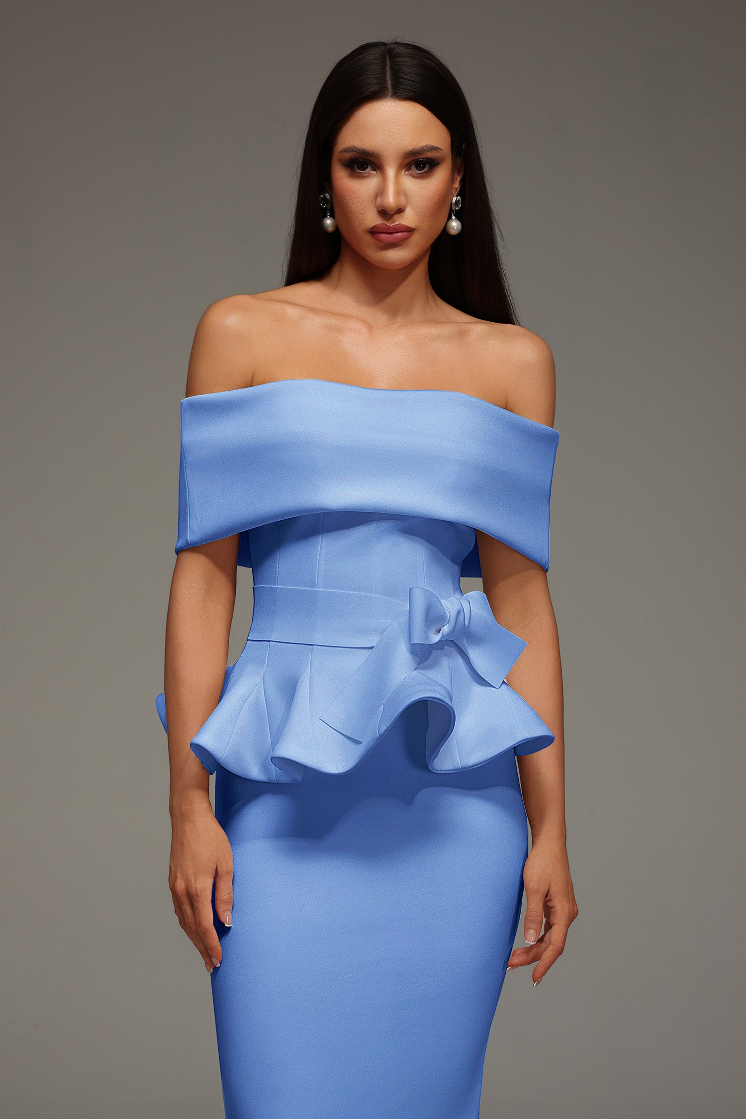 ELEANORE OFF-SHOULDER RUFFLED BLUE MIDI DRESS