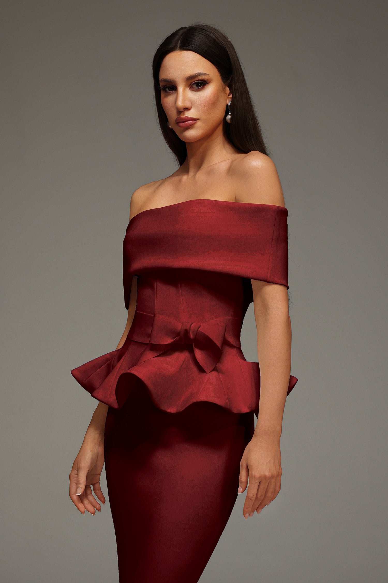 ELEANORE OFF-SHOULDER RUFFLED RED MIDI DRESS