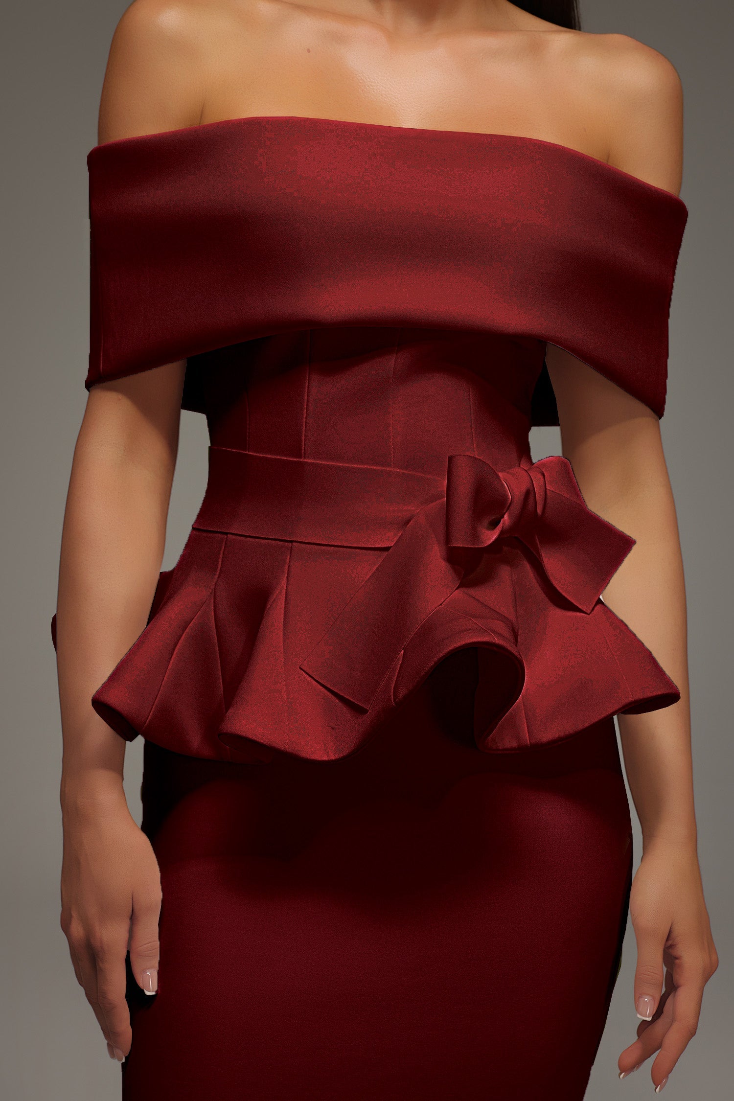 ELEANORE OFF-SHOULDER RUFFLED RED MIDI DRESS