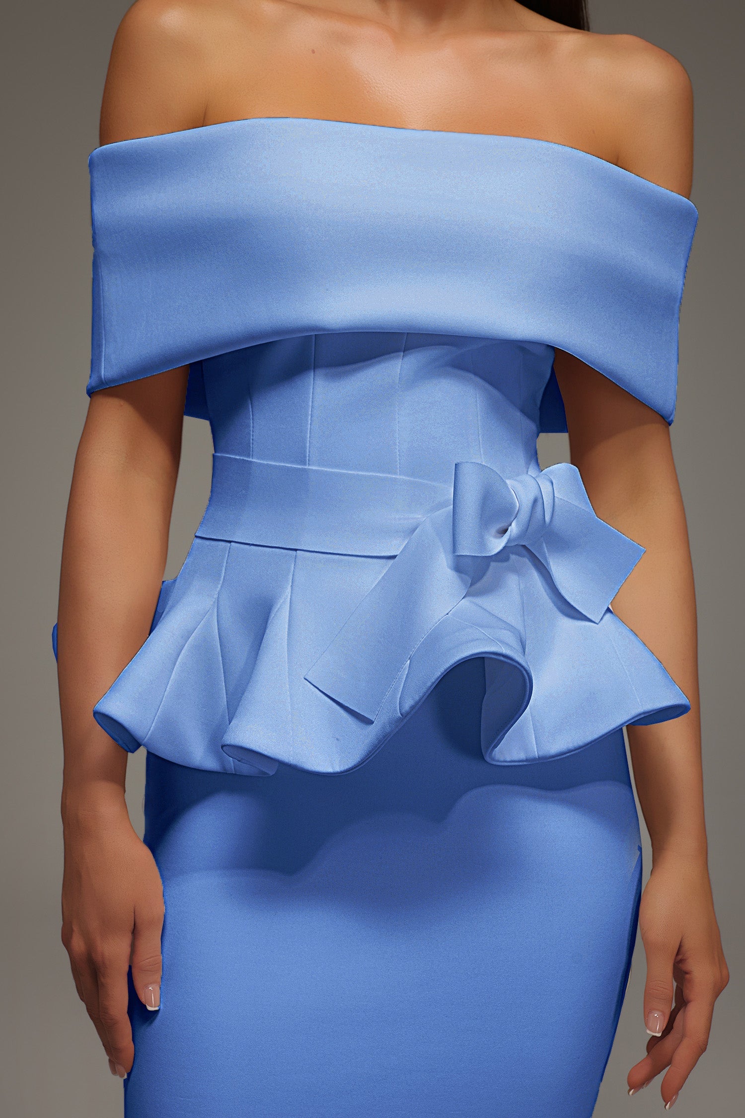 ELEANORE OFF-SHOULDER RUFFLED BLUE MIDI DRESS