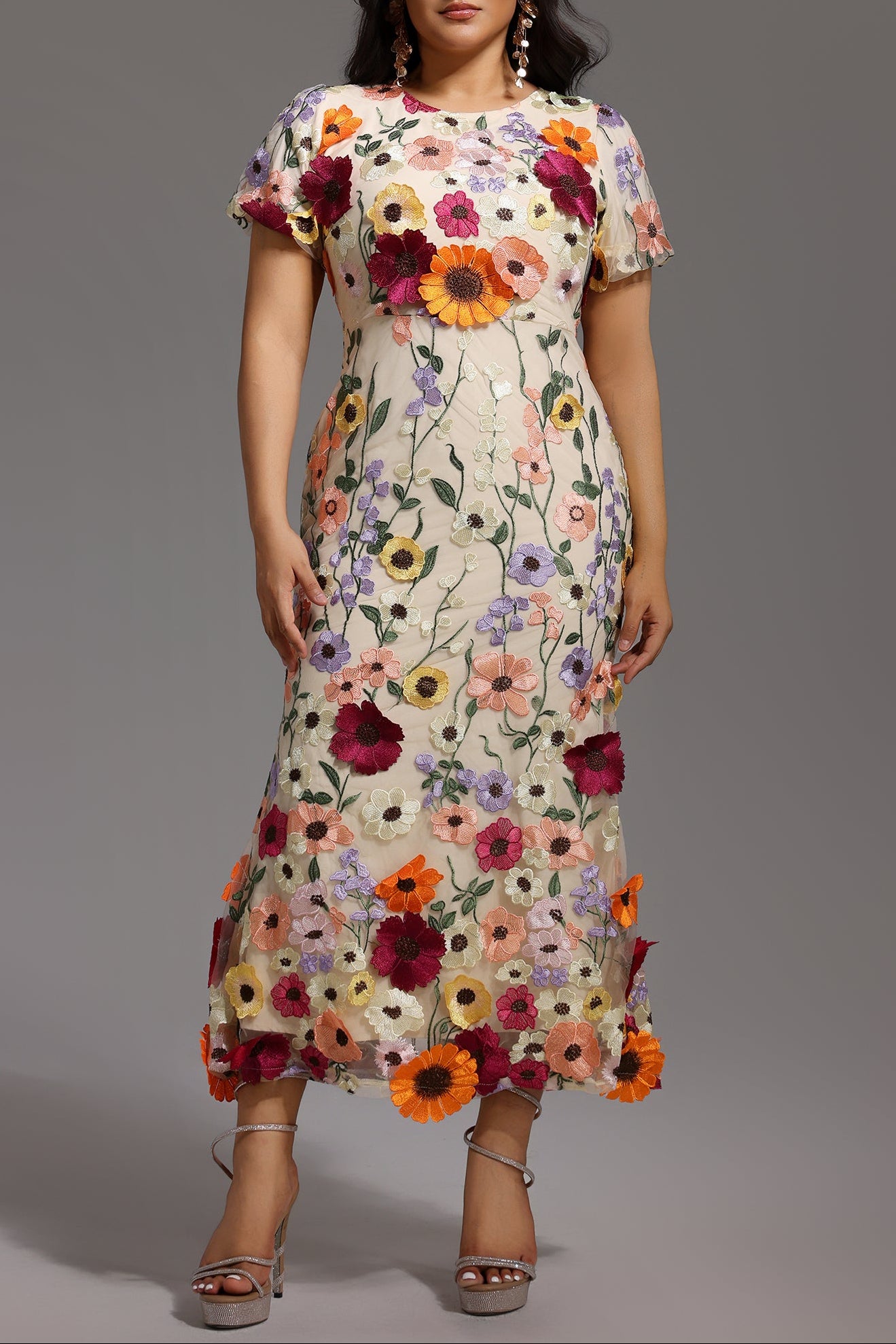2025-07-18-giovanna99640 NAYA FLORAL FISHTAIL MIDI DRESS, SHORT SLEEVE, ROUND NECK