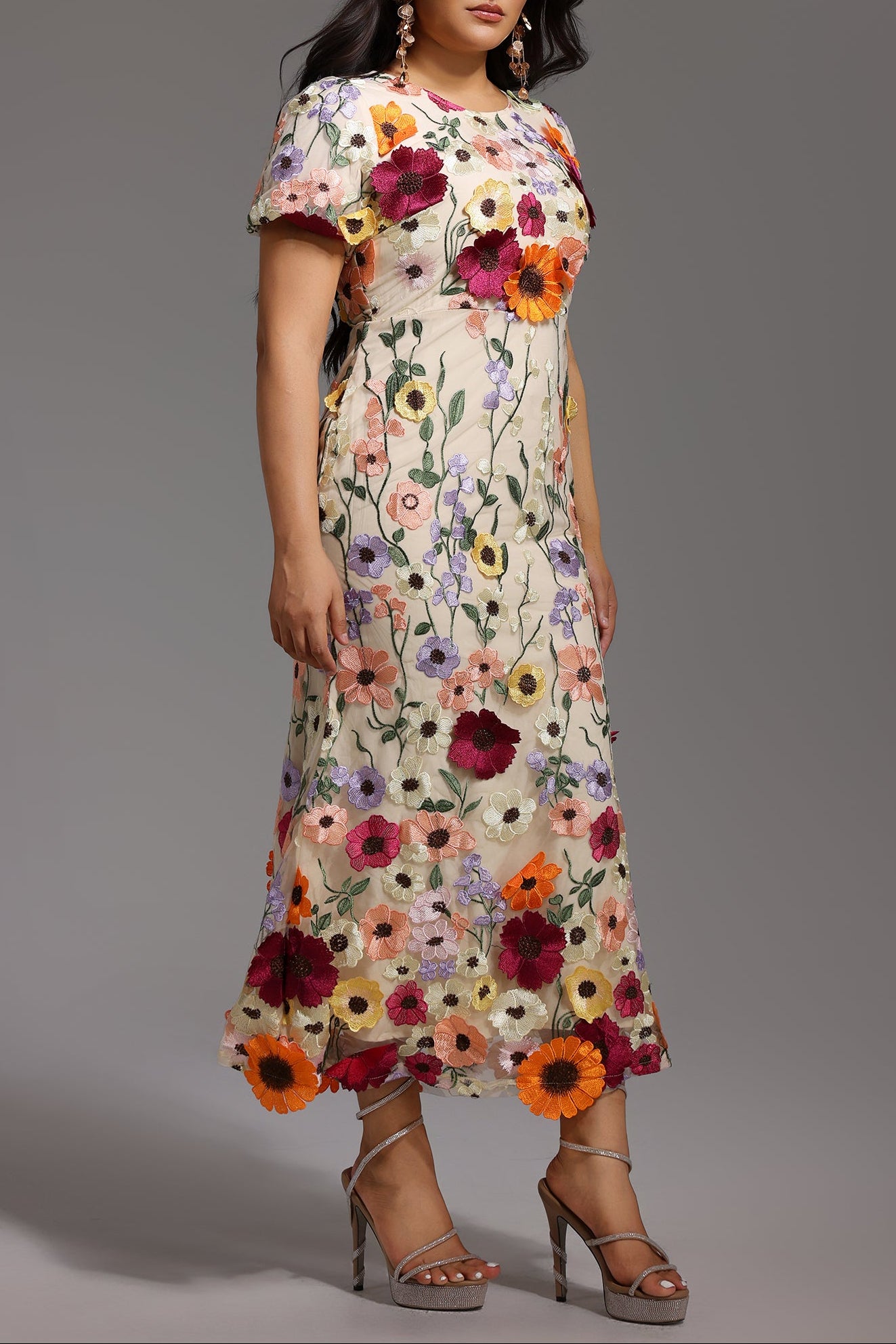 NAYA FLORAL FISHTAIL MIDI DRESS, SHORT SLEEVE, ROUND NECK