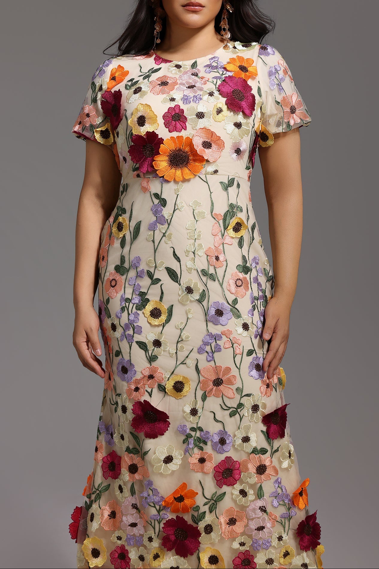 NAYA FLORAL FISHTAIL MIDI DRESS, SHORT SLEEVE, ROUND NECK