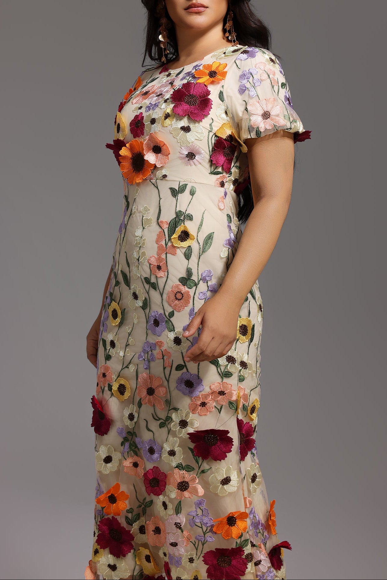 NAYA FLORAL FISHTAIL MIDI DRESS, SHORT SLEEVE, ROUND NECK