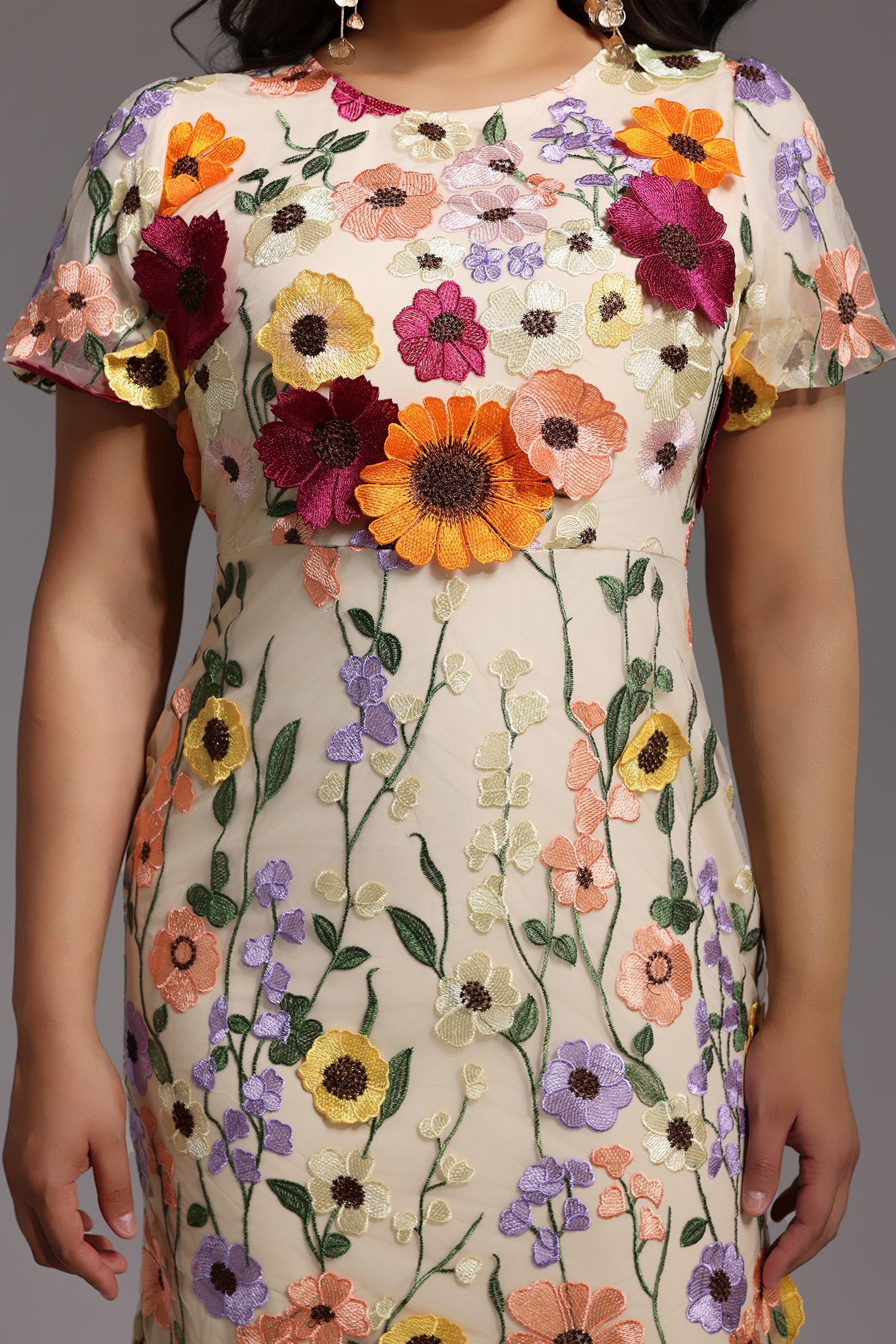 NAYA FLORAL FISHTAIL MIDI DRESS, SHORT SLEEVE, ROUND NECK