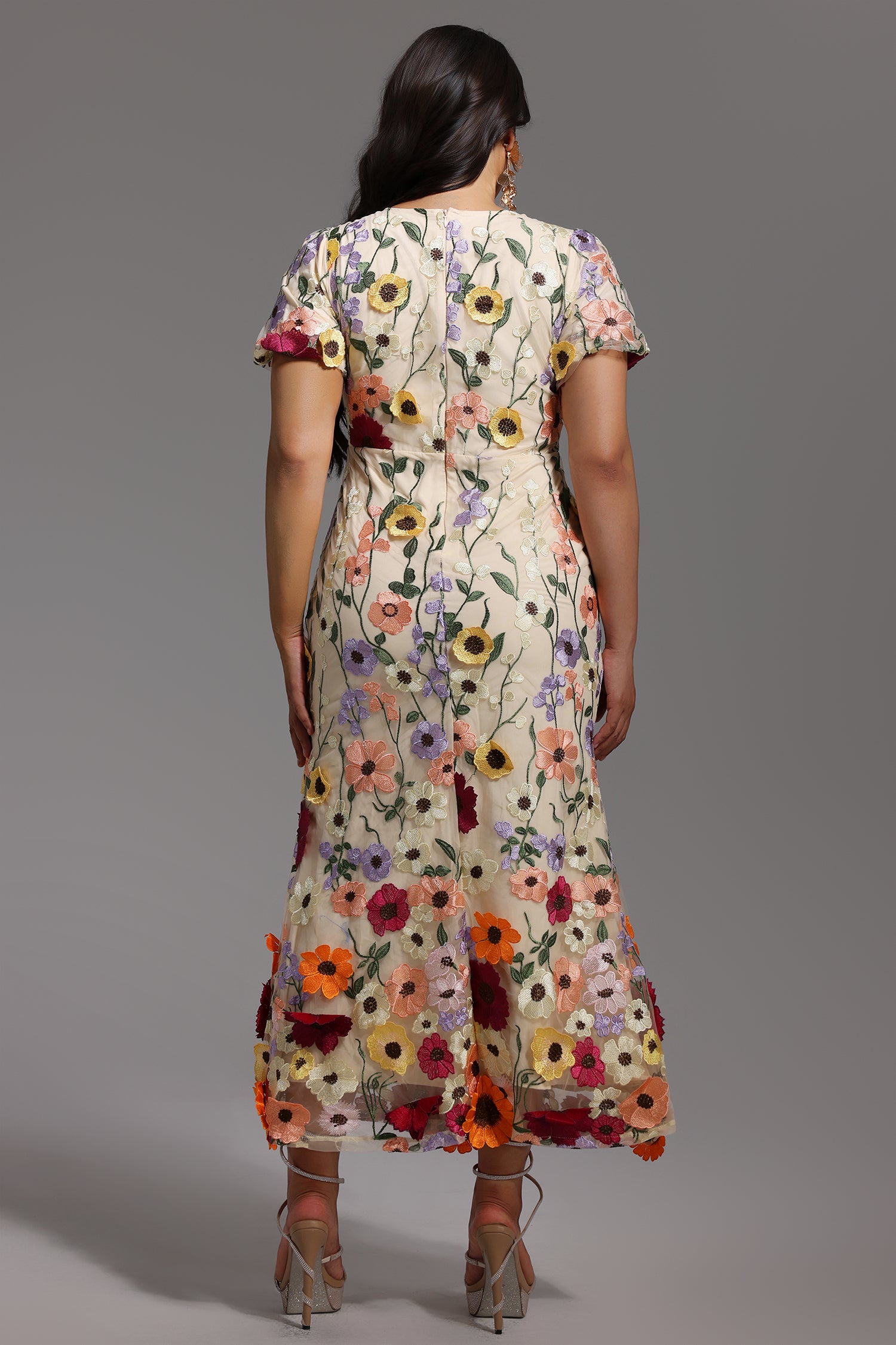 NAYA FLORAL FISHTAIL MIDI DRESS, SHORT SLEEVE, ROUND NECK