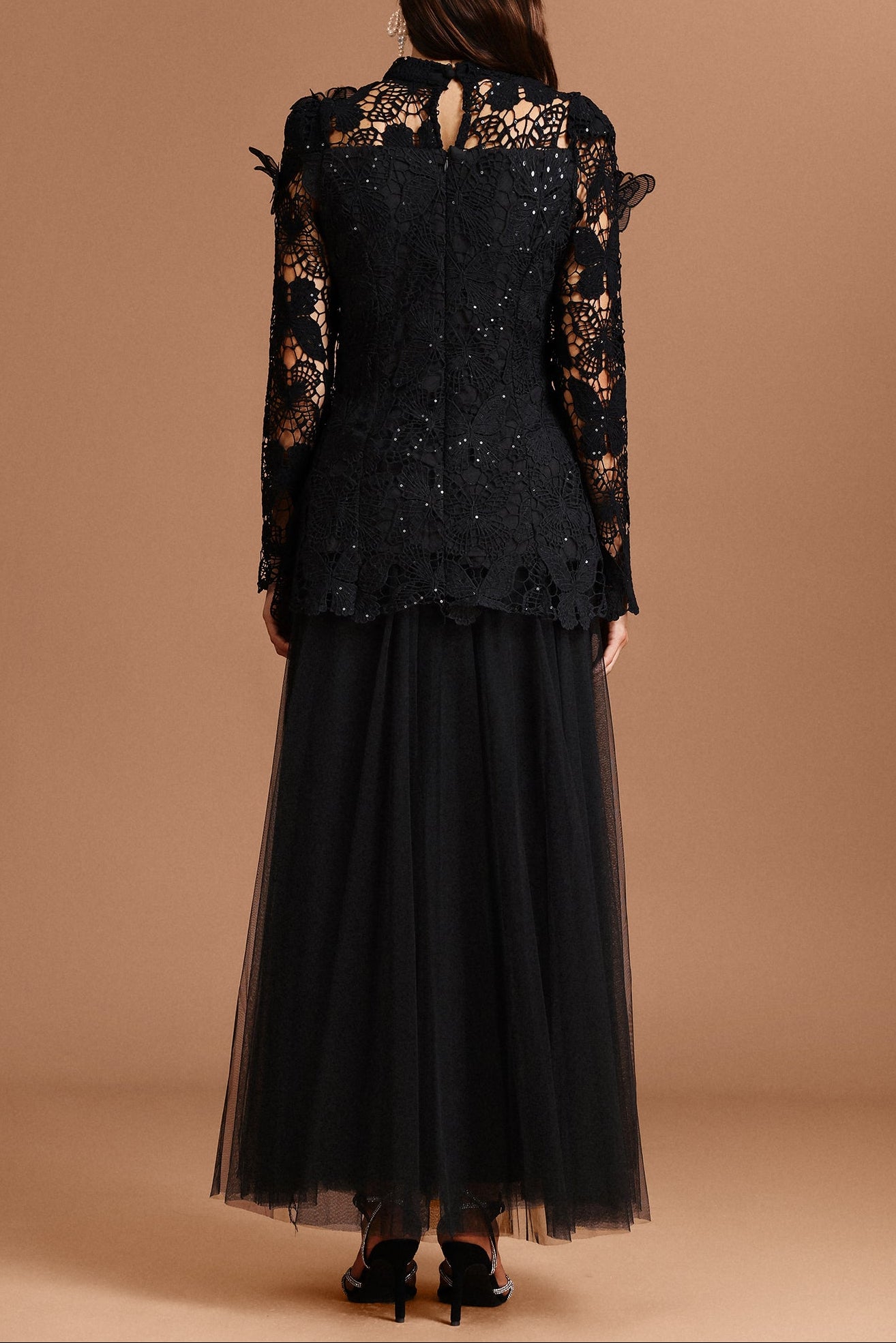 YVETTE BLACK LACE TWO-PIECE SET, LONG SLEEVE BUTTERFLY TOP & SKIRT