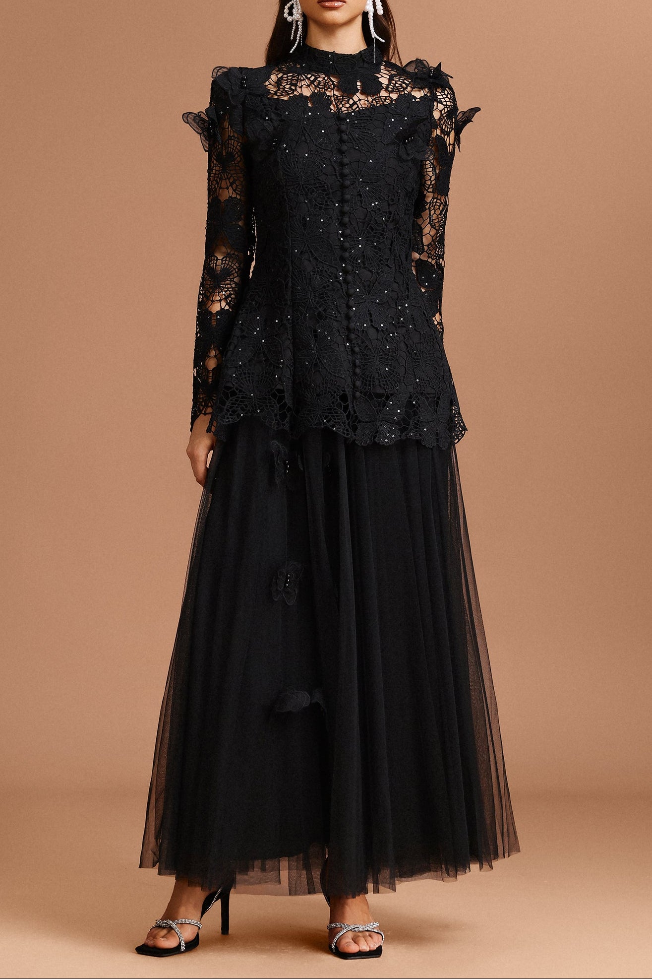 2025-07-25-kerr61946 YVETTE BLACK LACE TWO-PIECE SET, LONG SLEEVE BUTTERFLY TOP & SKIRT
