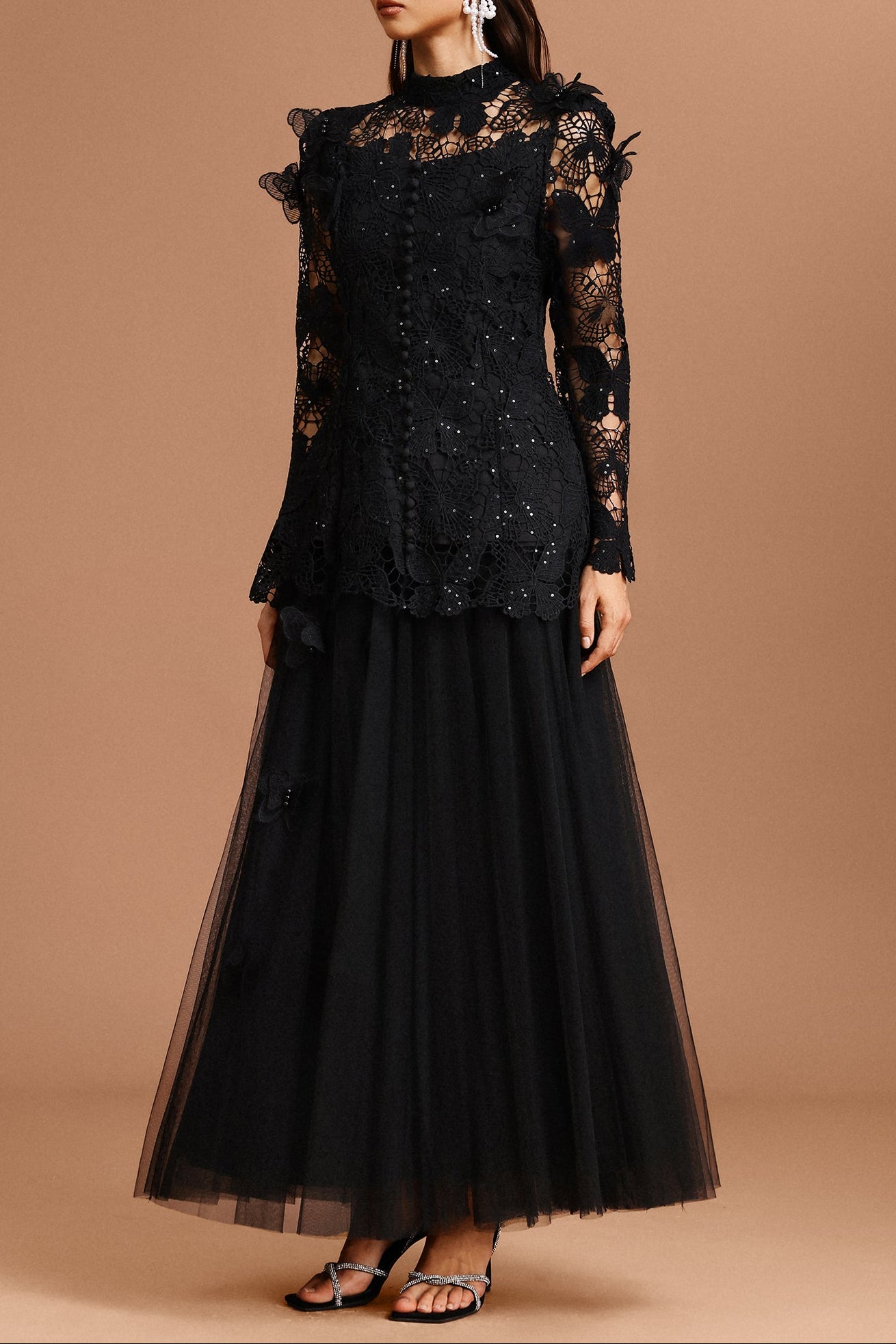 YVETTE BLACK LACE TWO-PIECE SET, LONG SLEEVE BUTTERFLY TOP & SKIRT