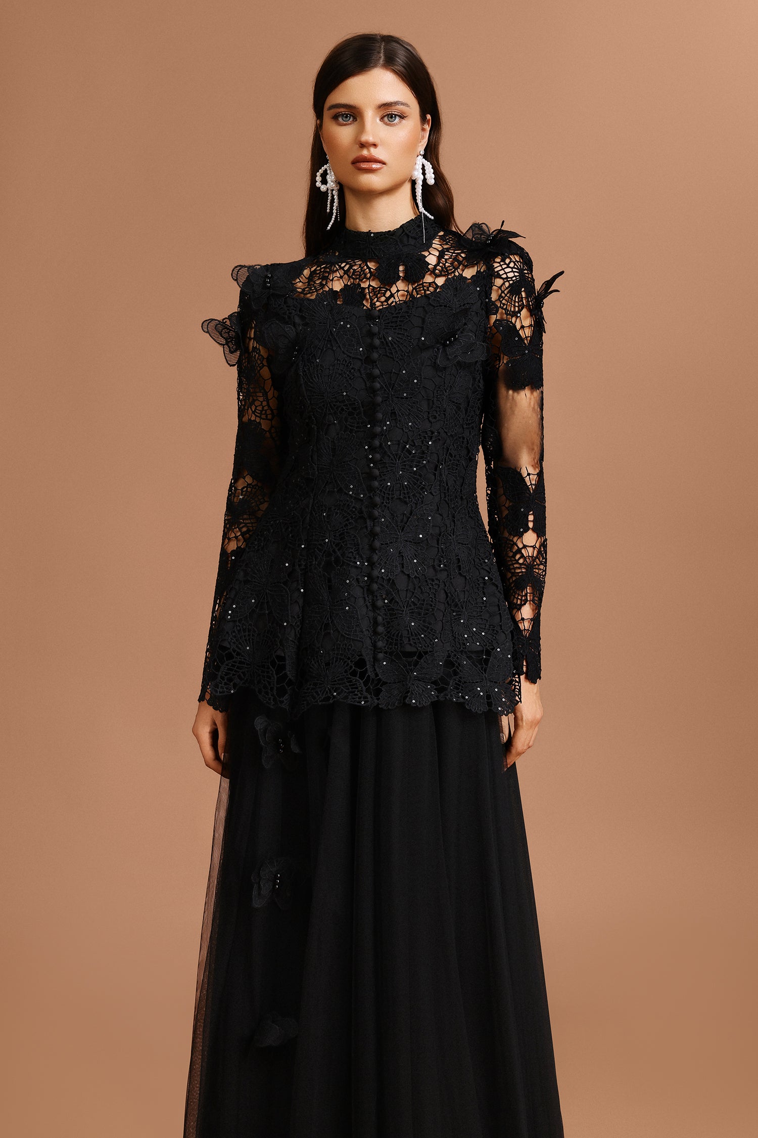 YVETTE BLACK LACE TWO-PIECE SET, LONG SLEEVE BUTTERFLY TOP & SKIRT
