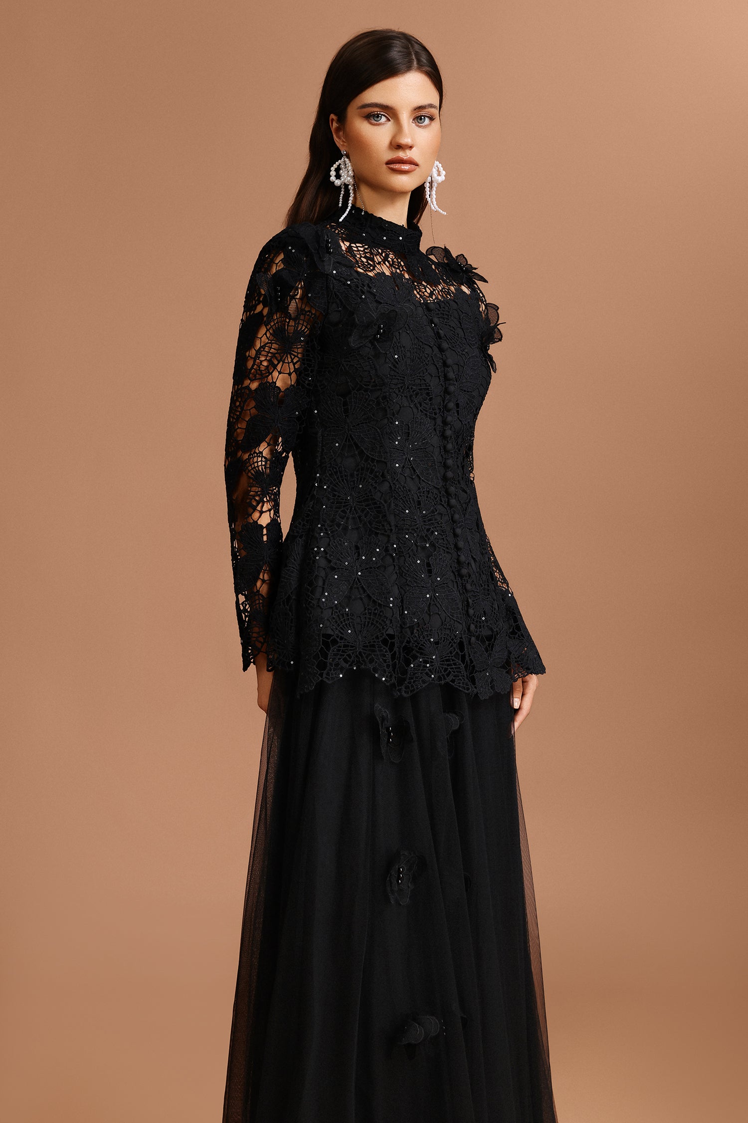 YVETTE BLACK LACE TWO-PIECE SET, LONG SLEEVE BUTTERFLY TOP & SKIRT