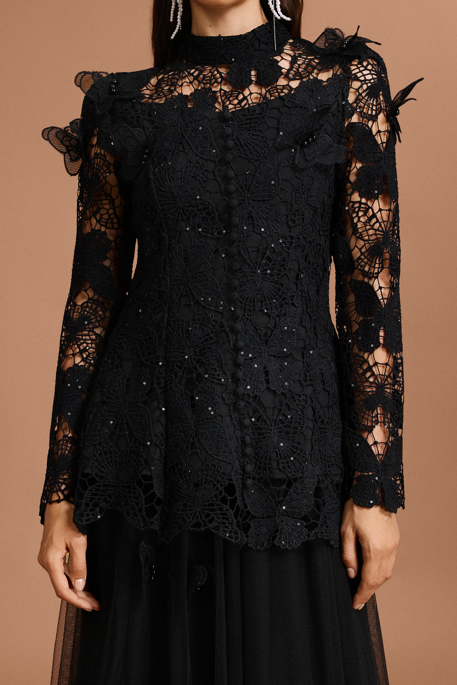 YVETTE BLACK LACE TWO-PIECE SET, LONG SLEEVE BUTTERFLY TOP & SKIRT