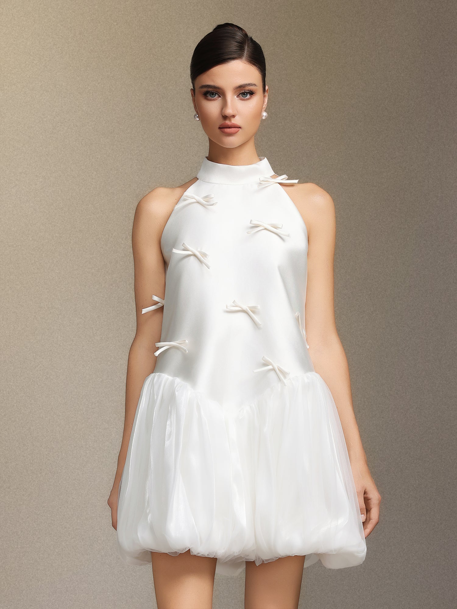 JESSIE WHITE STRAPLESS PUFFY SATIN MINI DRESS