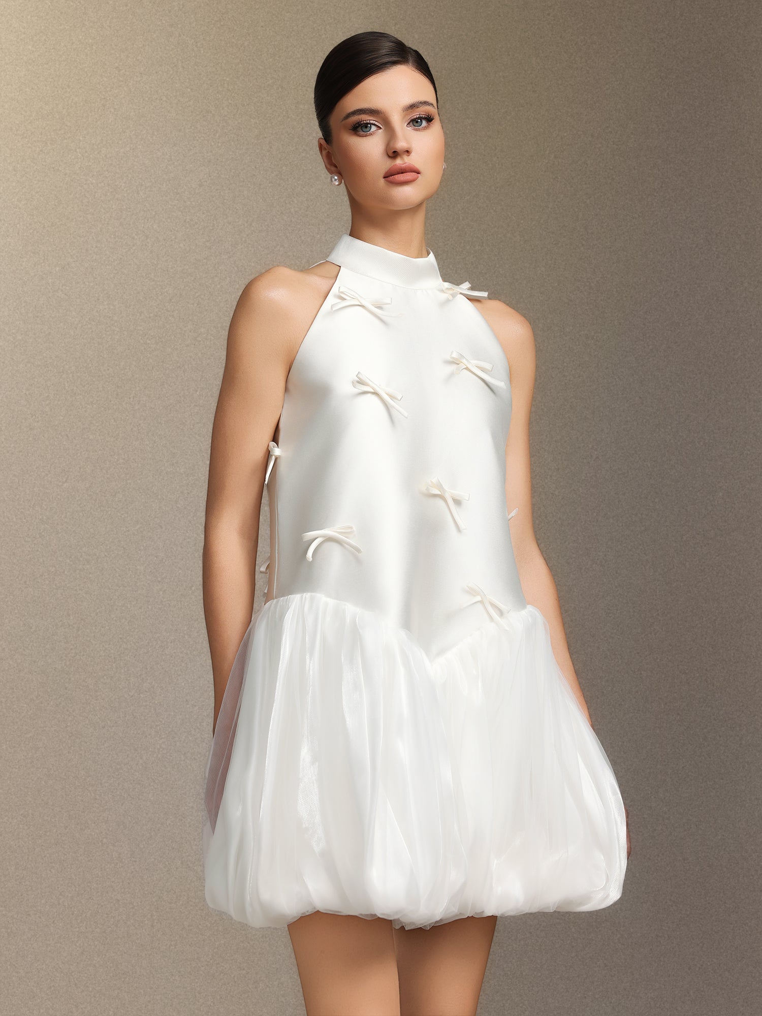 JESSIE WHITE STRAPLESS PUFFY SATIN MINI DRESS