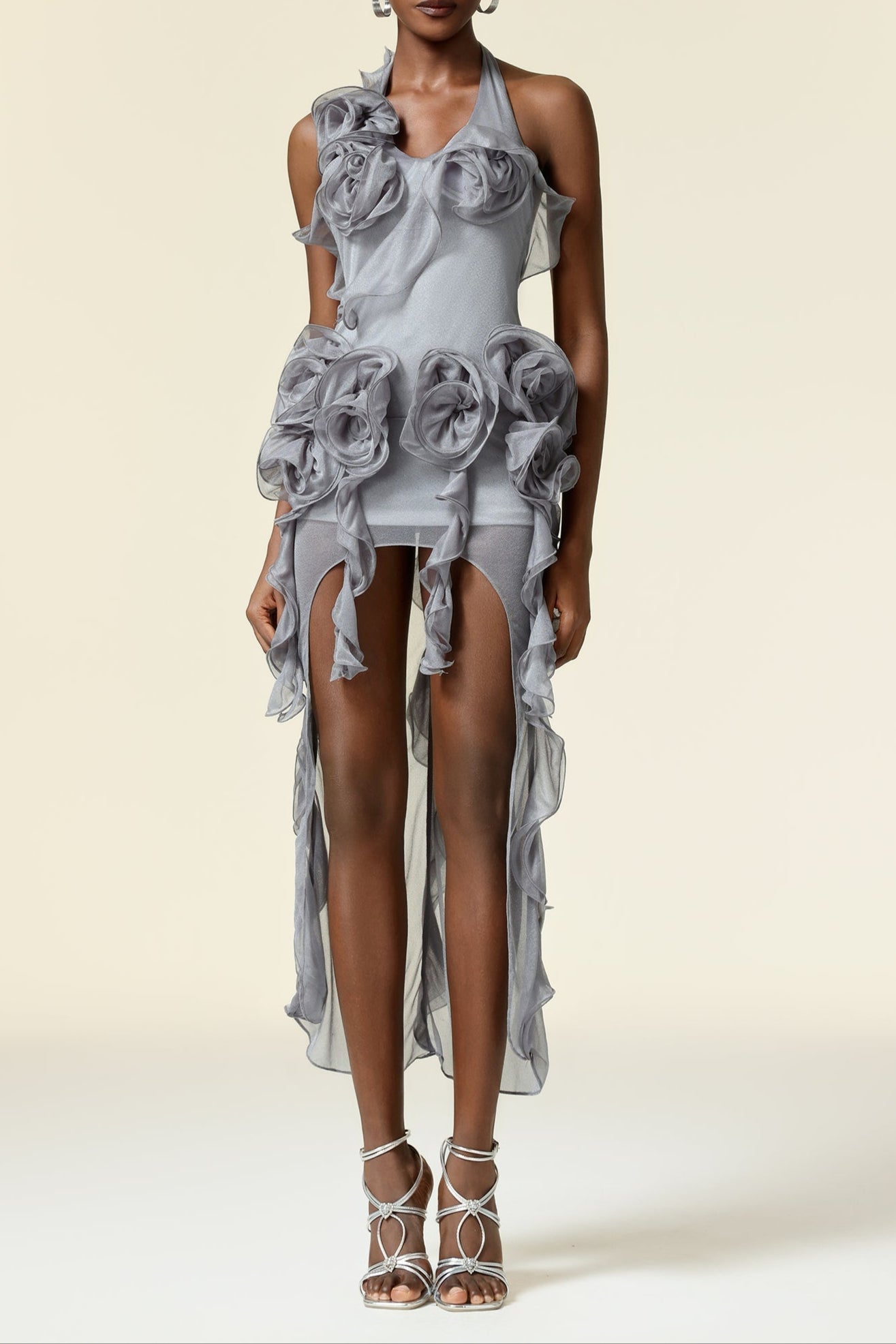MELISSA GREY FLOWER ASYMMETRIC MINI DRESS