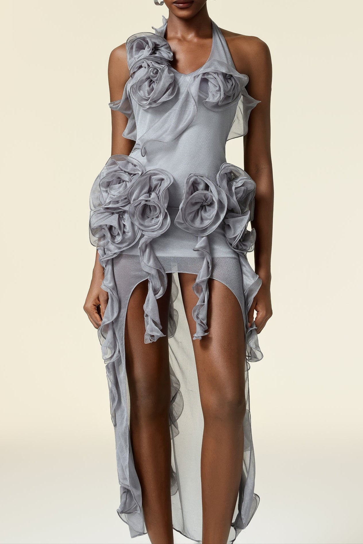 MELISSA GREY FLOWER ASYMMETRIC MINI DRESS