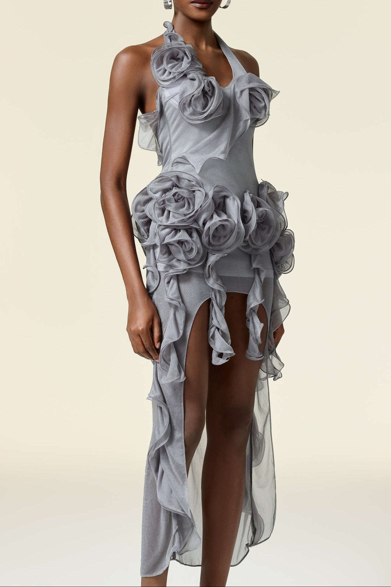MELISSA GREY FLOWER ASYMMETRIC MINI DRESS