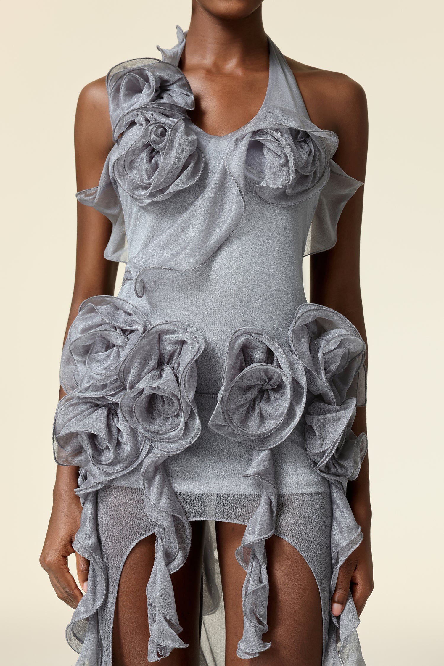 MELISSA GREY FLOWER ASYMMETRIC MINI DRESS