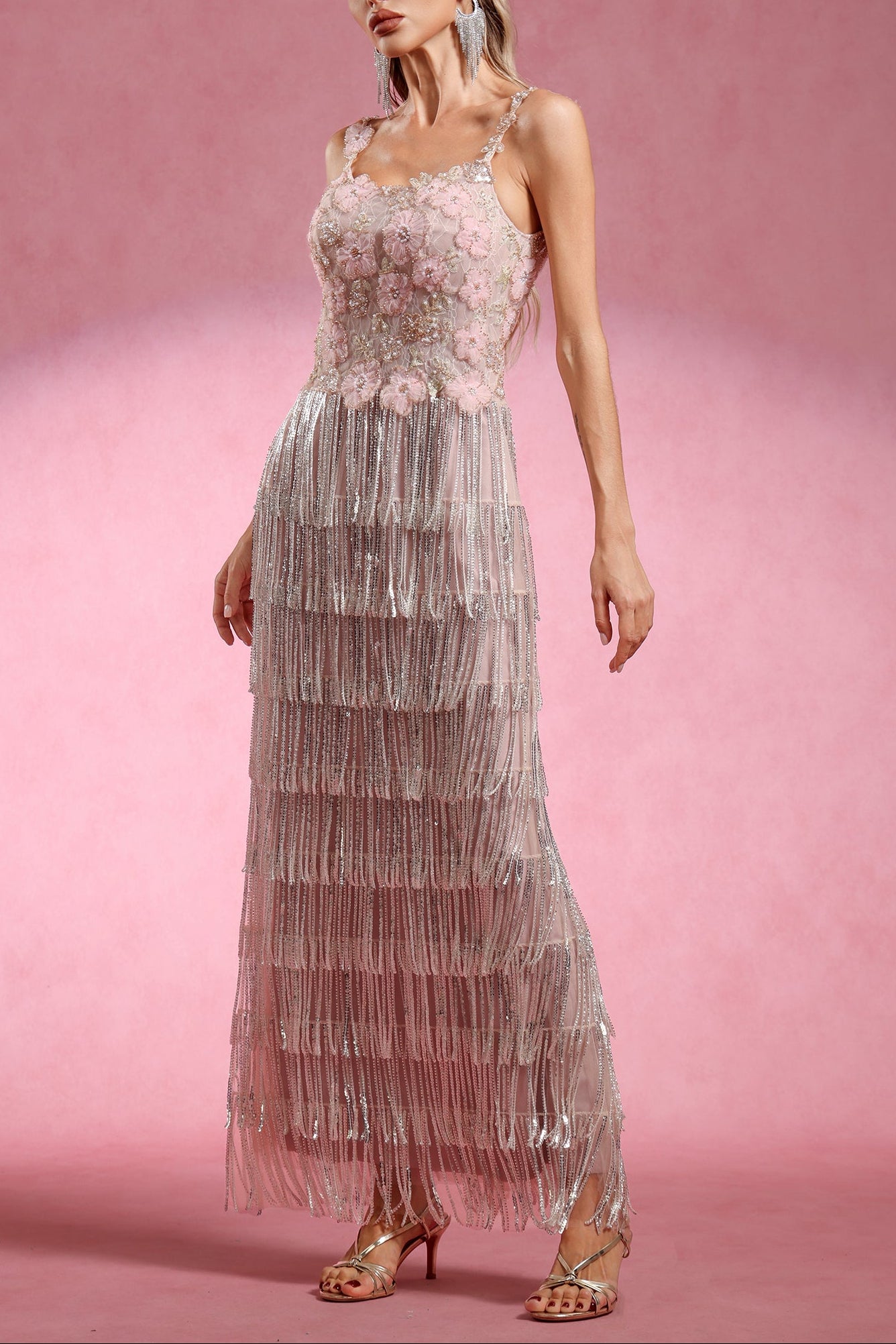 OPALA SLEEVELESS FLORAL TASSEL MAXI DRESS