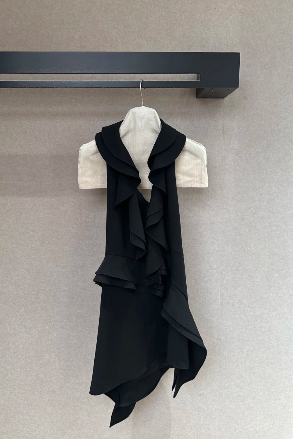 PHOENIX RUFFLED BACKLESS MINI BLACK DRESS