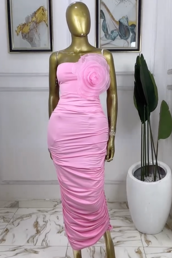 IDRA STRAPLESS RUCHED FLOWER MAXI DRESS PINK