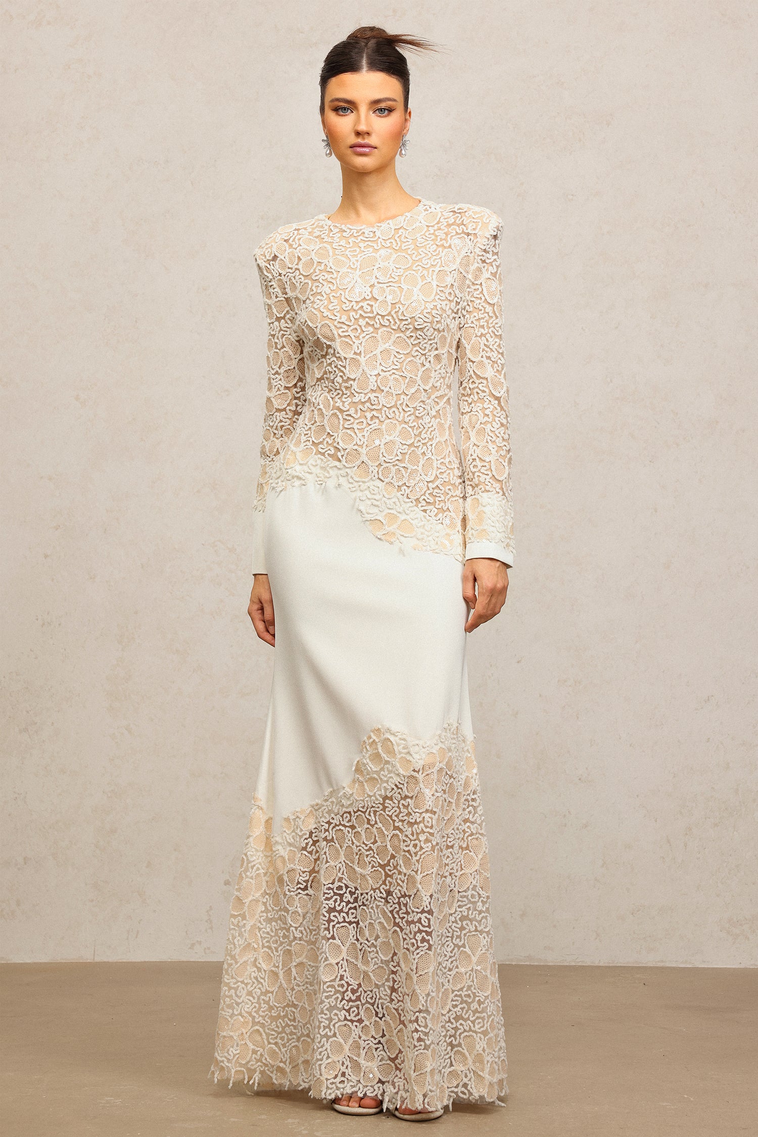 JACQUELINE BEIGE LACE MAXI DRESS, LONG SLEEVE, WEDDING GUEST