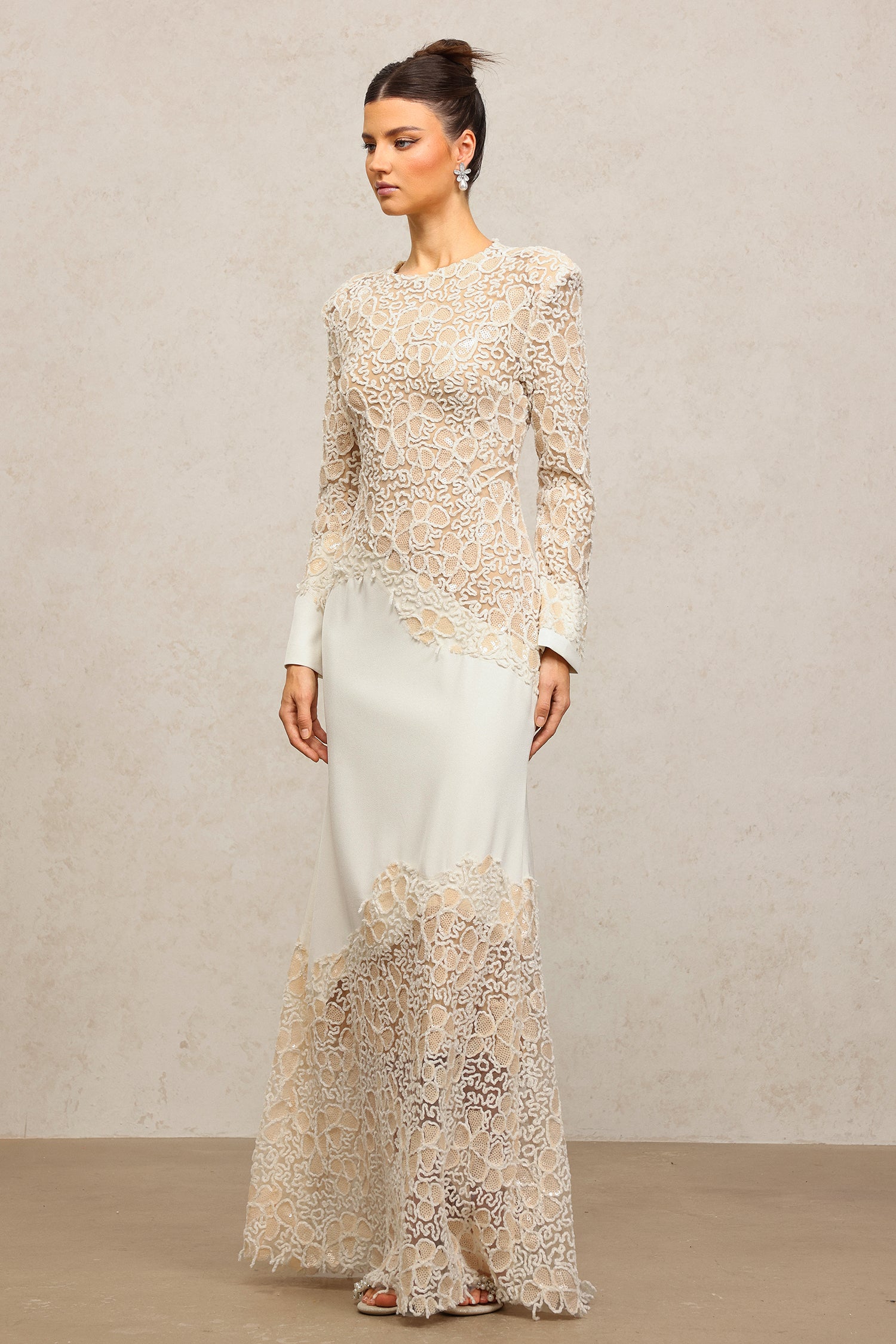 JACQUELINE BEIGE LACE MAXI DRESS, LONG SLEEVE, WEDDING GUEST
