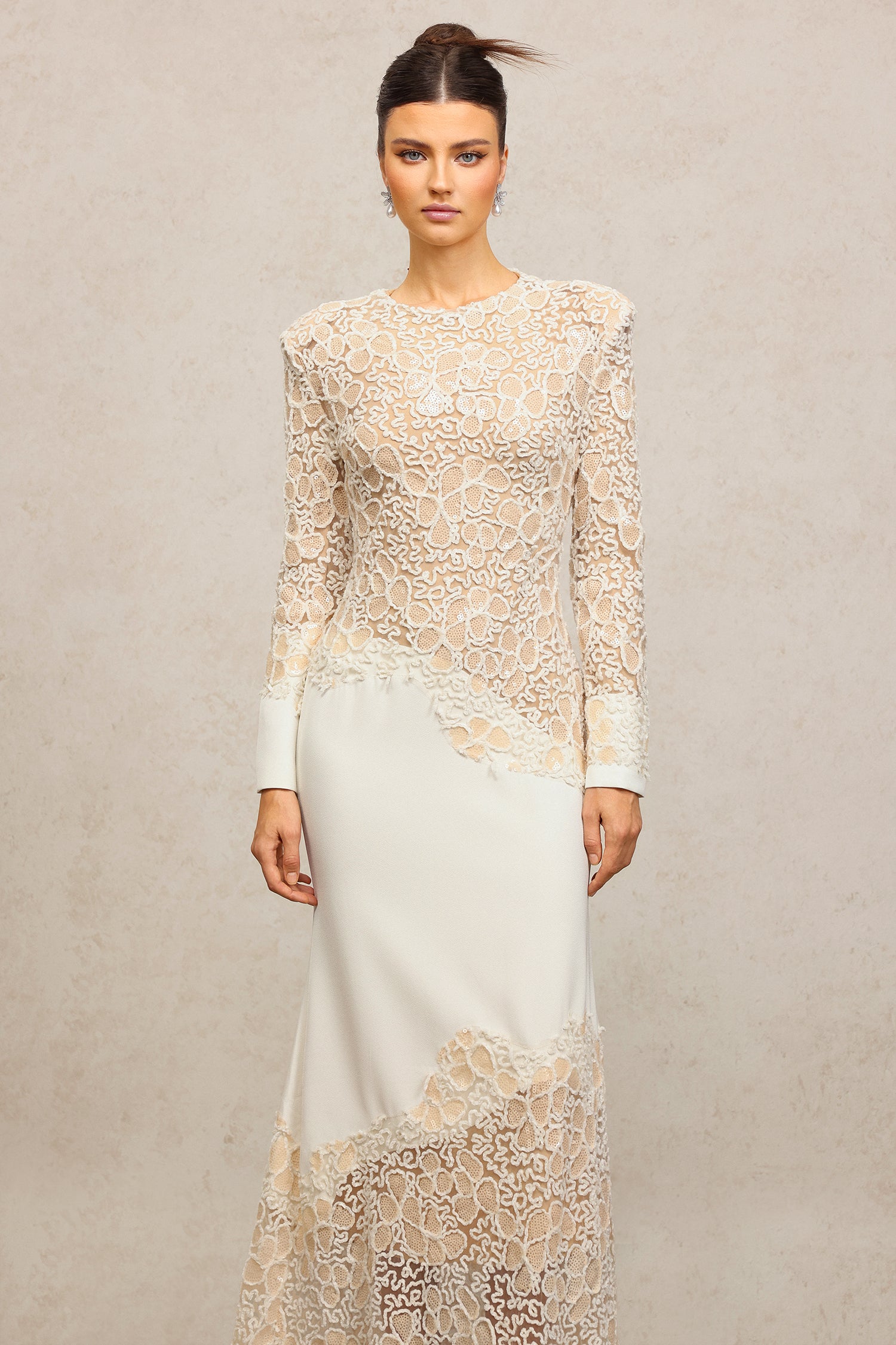 JACQUELINE BEIGE LACE MAXI DRESS, LONG SLEEVE, WEDDING GUEST