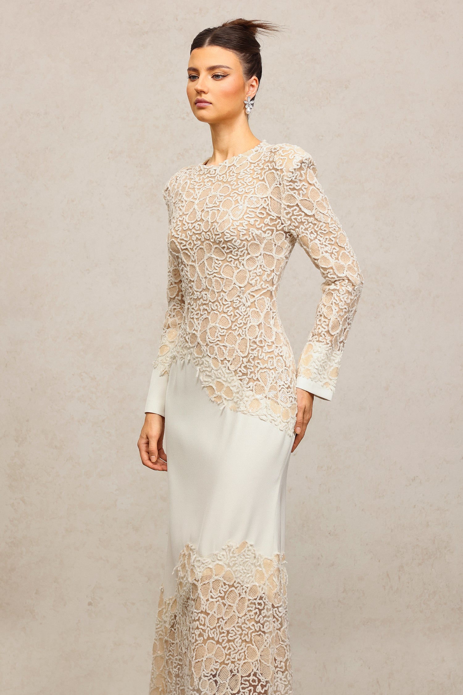 JACQUELINE BEIGE LACE MAXI DRESS, LONG SLEEVE, WEDDING GUEST