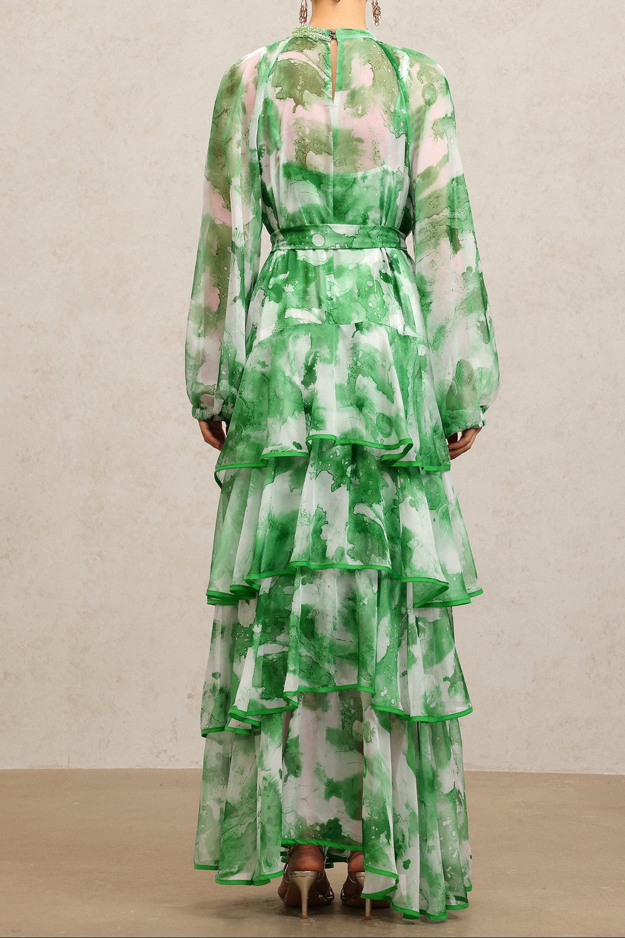 JOLIE FLORAL GREEN MAXI DRESS, ROUND NECK, LONG SLEEVES
