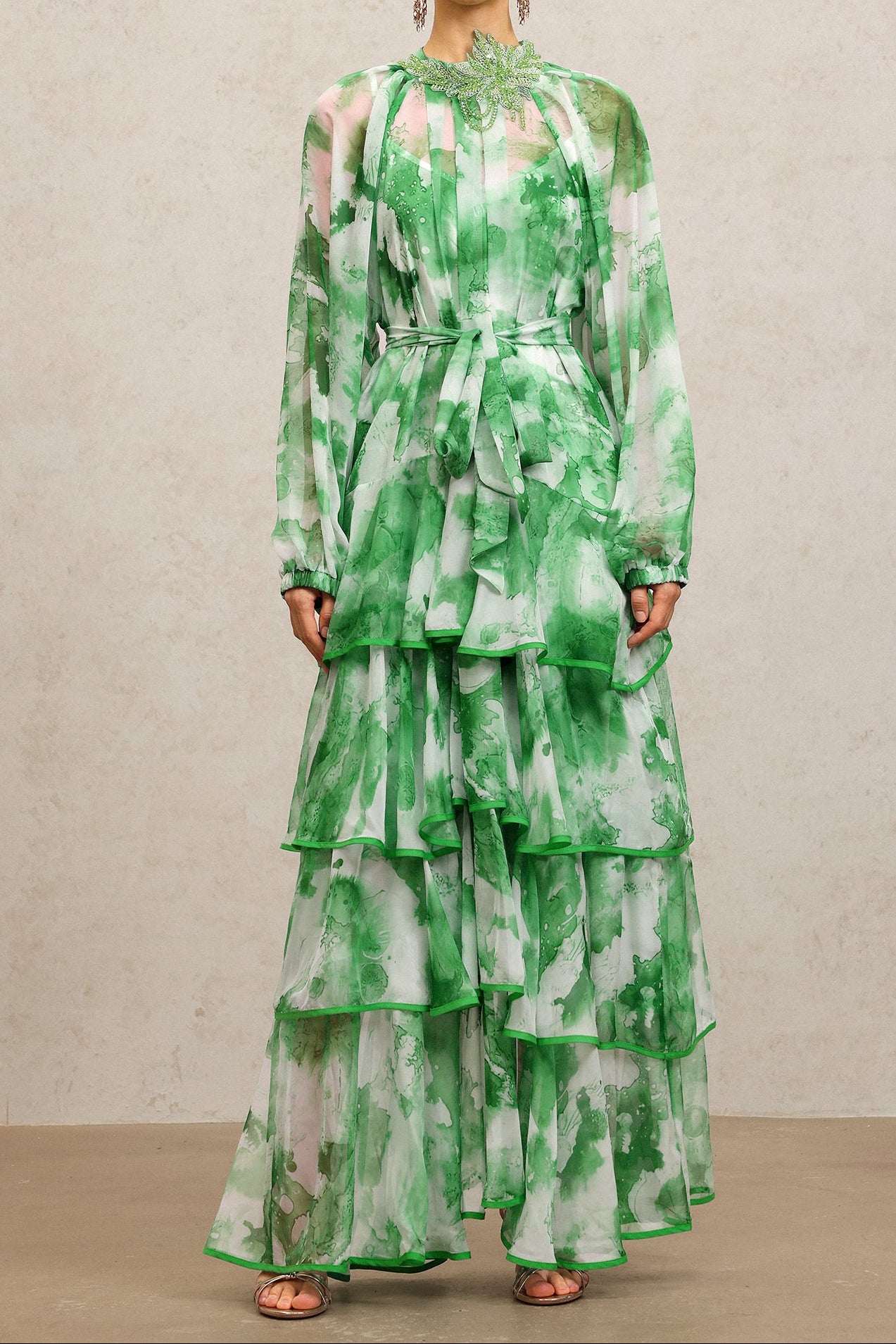 2025-09-01-kerr110185 JOLIE FLORAL GREEN MAXI DRESS, ROUND NECK, LONG SLEEVES