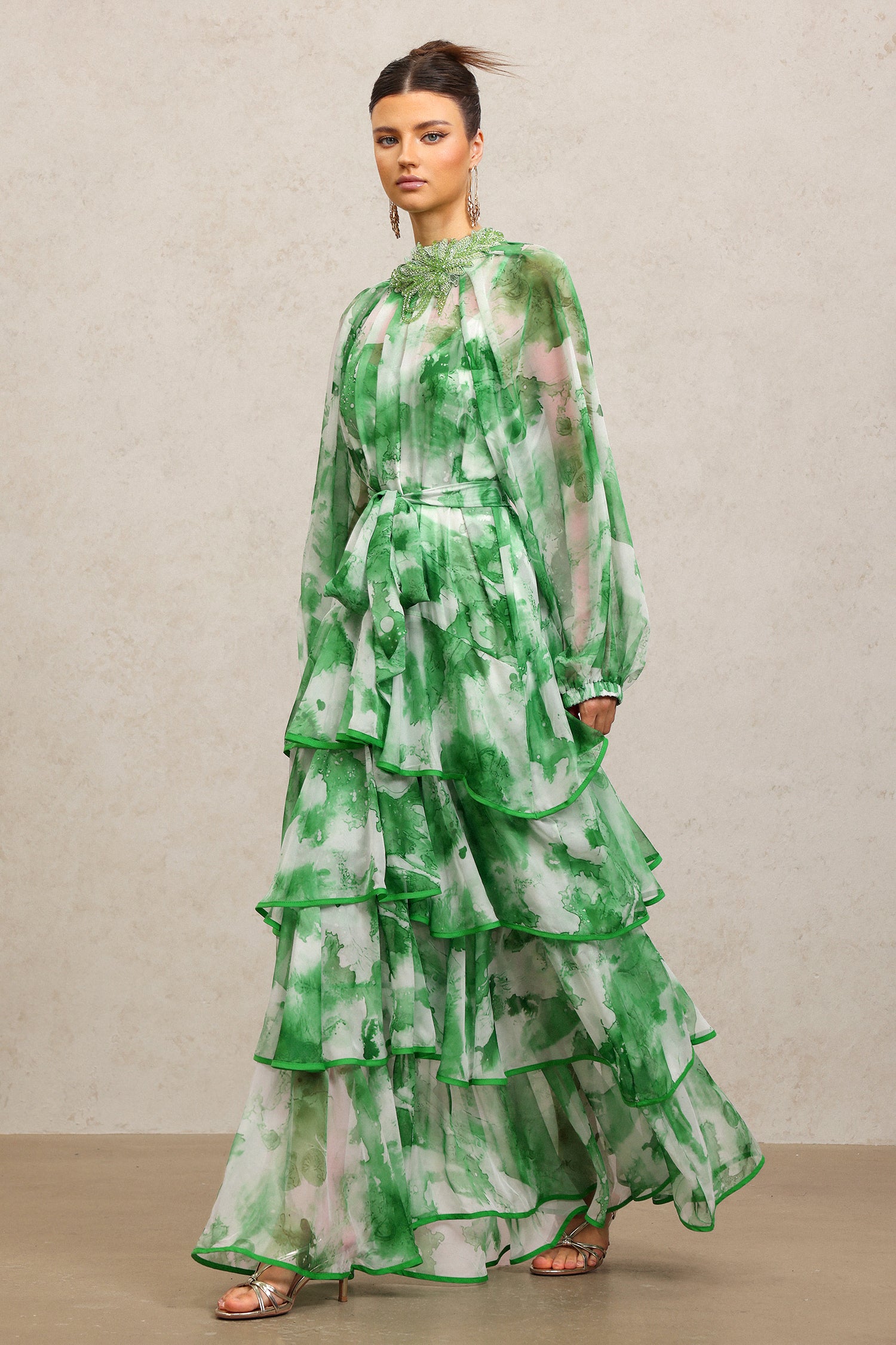 JOLIE FLORAL GREEN MAXI DRESS, ROUND NECK, LONG SLEEVES