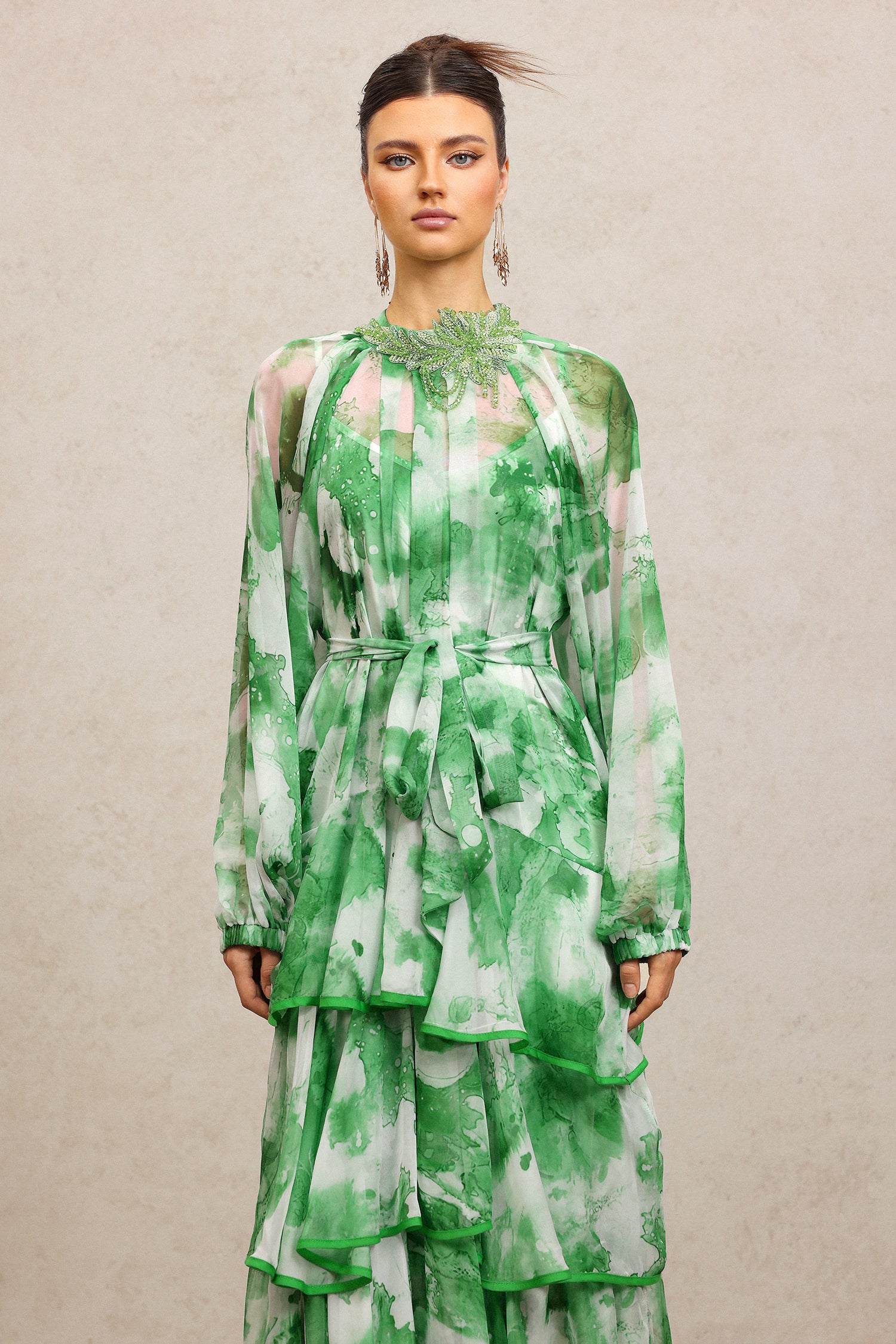 JOLIE FLORAL GREEN MAXI DRESS, ROUND NECK, LONG SLEEVES