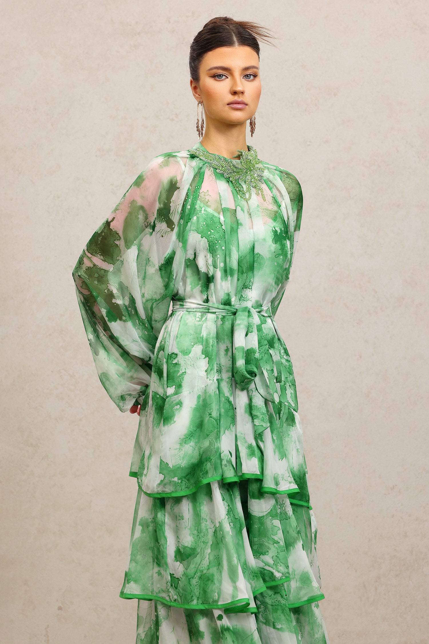 JOLIE FLORAL GREEN MAXI DRESS, ROUND NECK, LONG SLEEVES