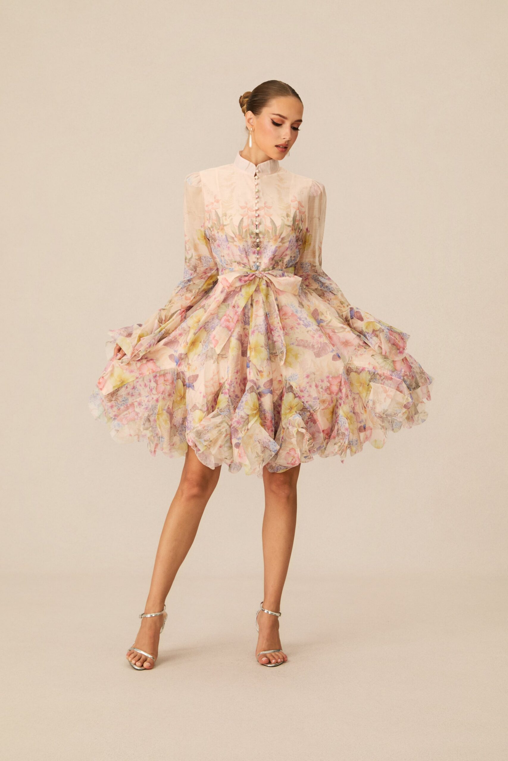 LANA CHIFFON FLORAL MINI DRESS, LONG SLEEVE, PARTY