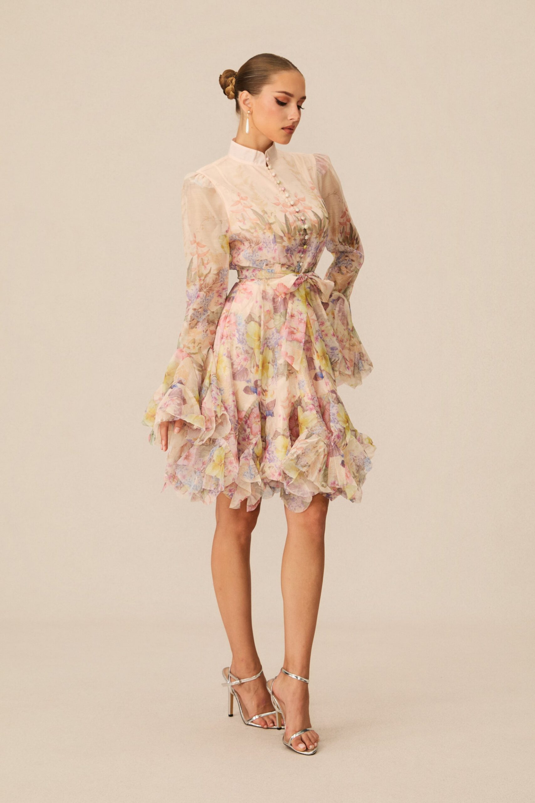 LANA CHIFFON FLORAL MINI DRESS, LONG SLEEVE, PARTY