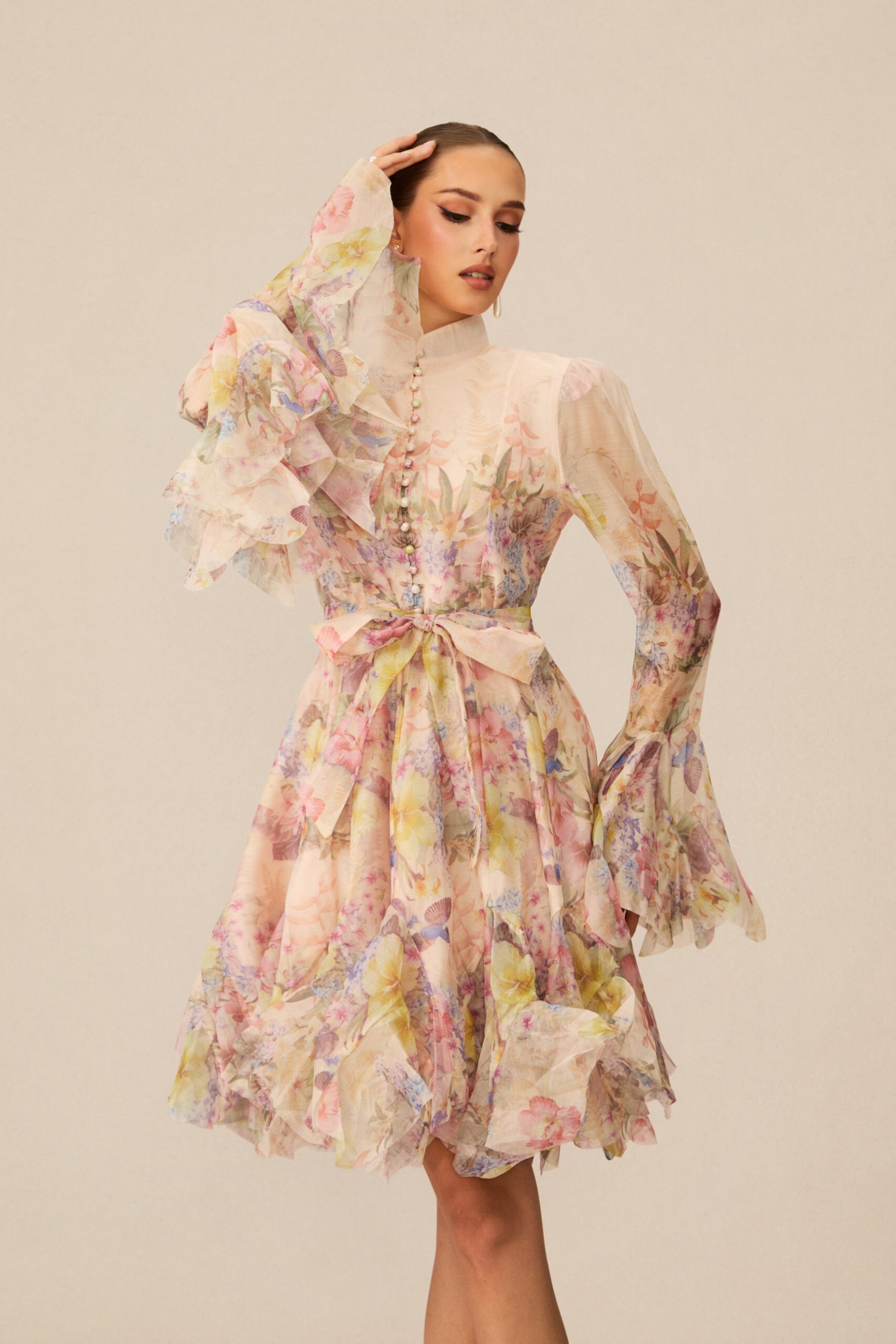LANA CHIFFON FLORAL MINI DRESS, LONG SLEEVE, PARTY