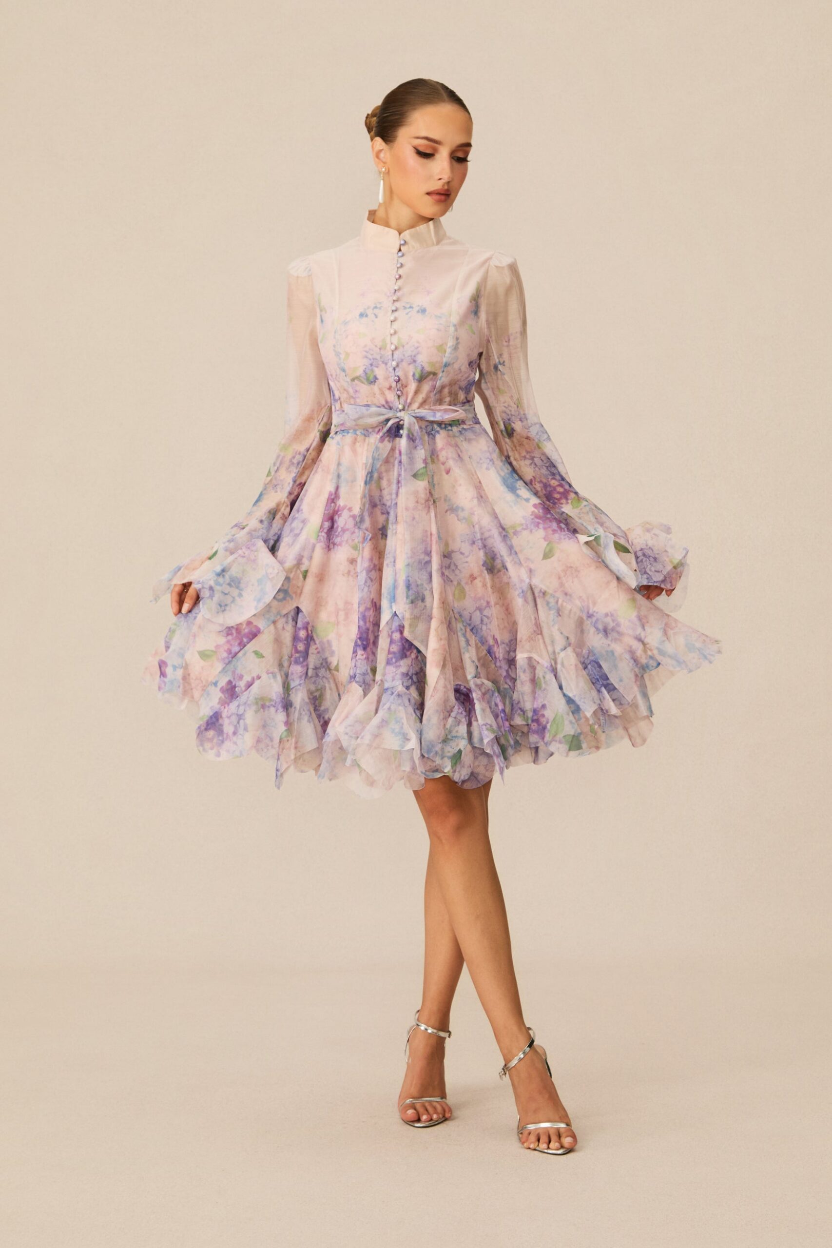 LANA CHIFFON FLORAL MINI DRESS, LONG SLEEVE, PARTY
