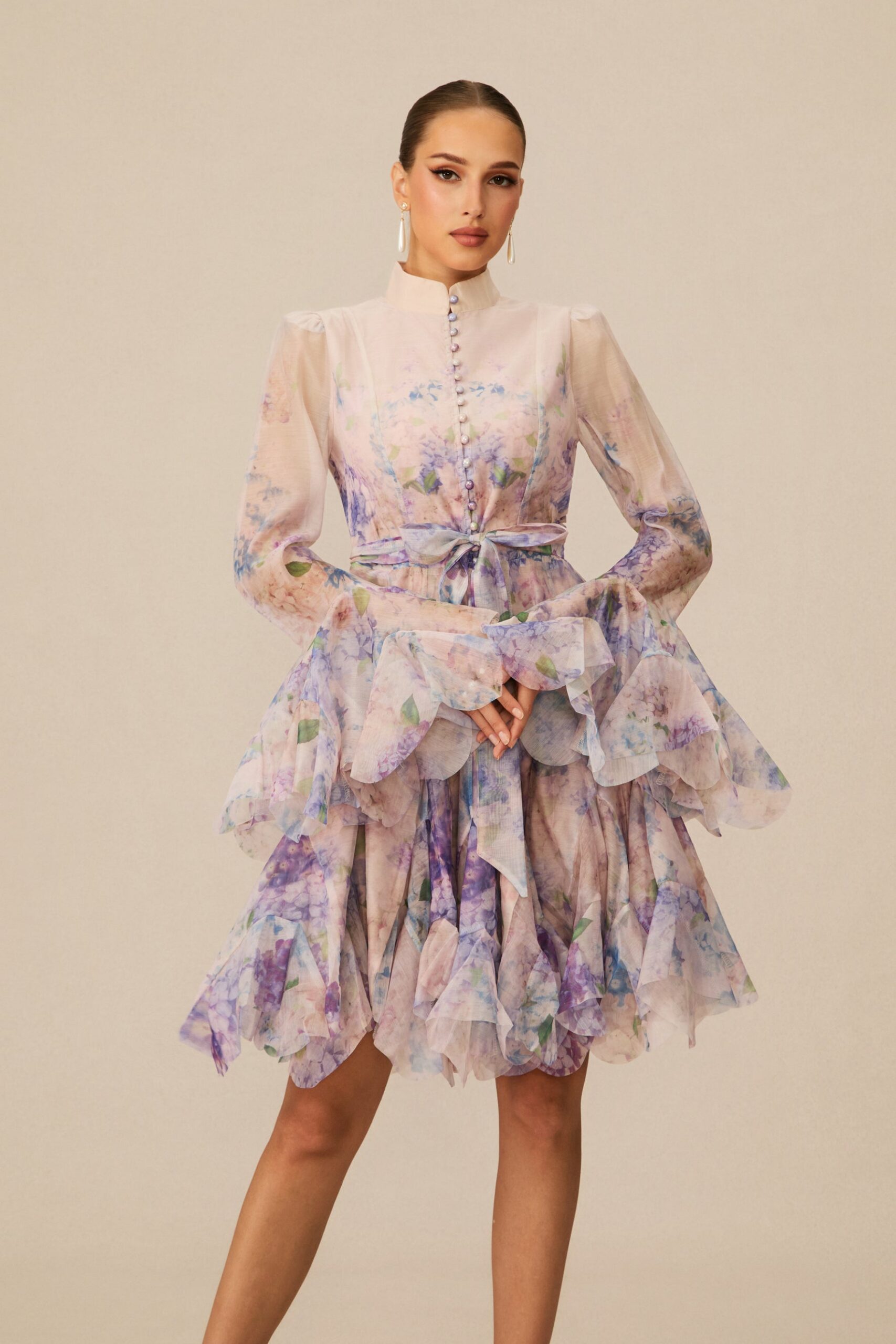 LANA CHIFFON FLORAL MINI DRESS, LONG SLEEVE, PARTY