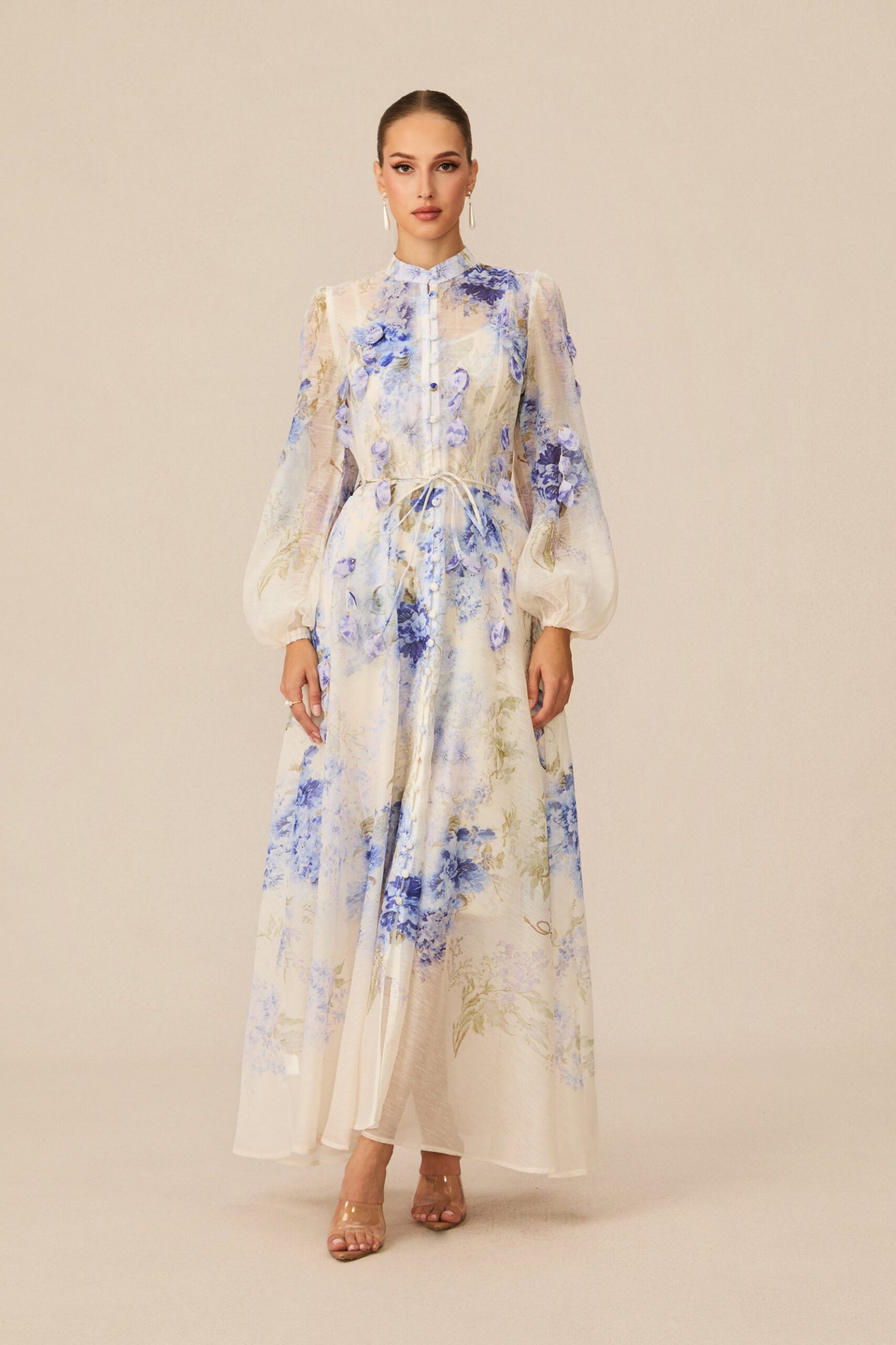 SANDRA BLUE FLORAL PUFF SLEEVE MAXI DRESS